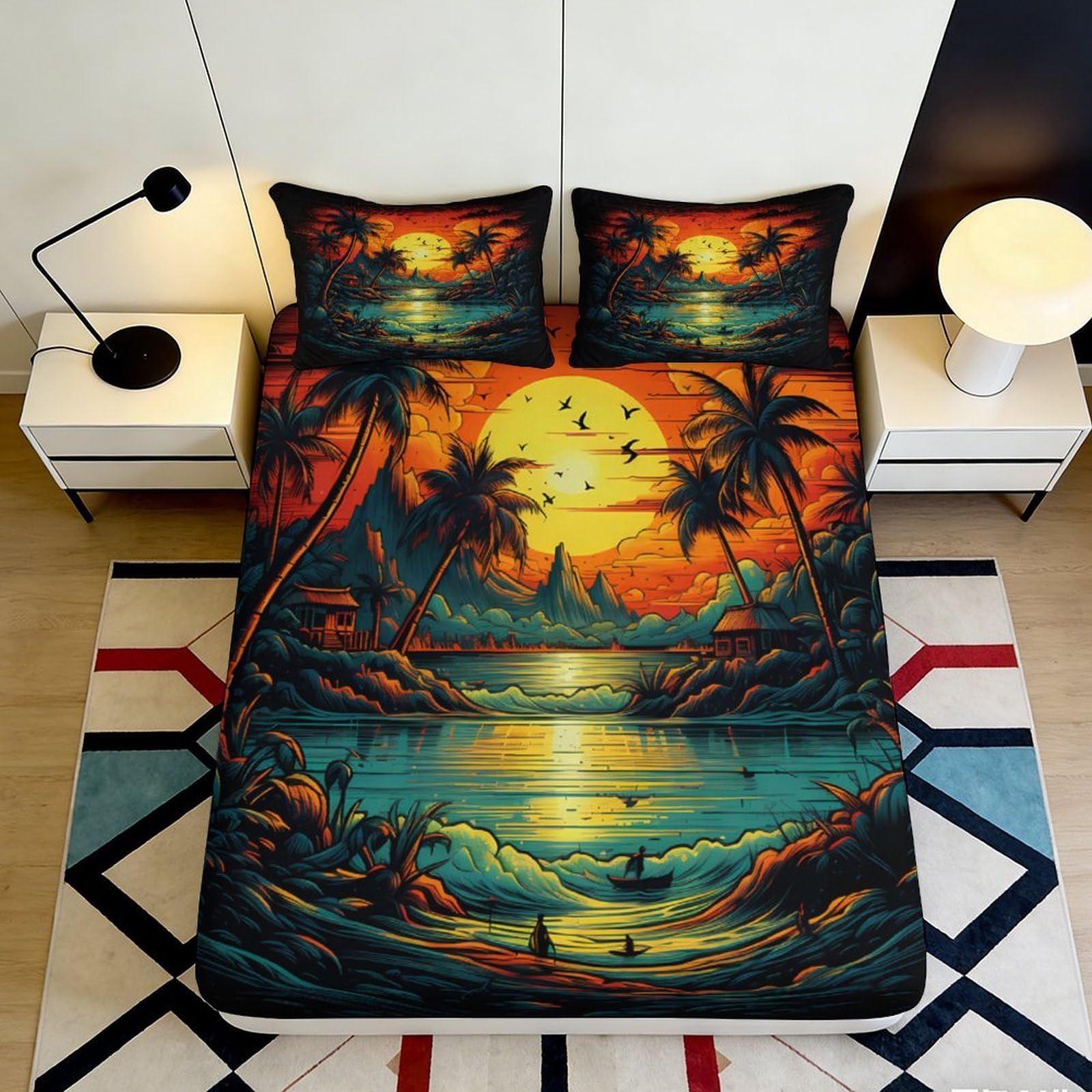 3D Printed Tropical Sunset Fitted Sheet Microfiber Soft Breathable Ocean Landscape Bed Cover for Bedroom Guest Room Decor 90x200x25cm