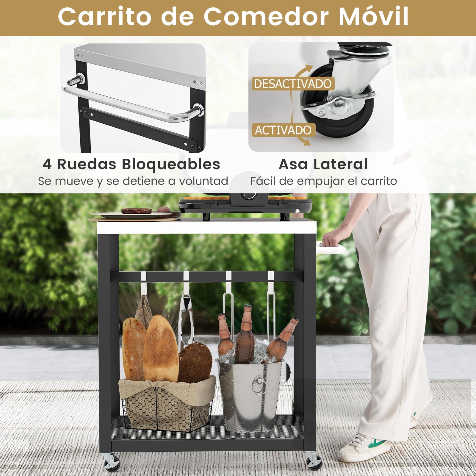 GOPLUS Postre de jardín con Plancha de 2 Niveles de Metal con encimera de Acero Inoxidable, estantería, 4 Ganchos, Ruedas y Mango, para jardín, Patio (83,5 x 50,5 x 84,5 cm, Plateado)