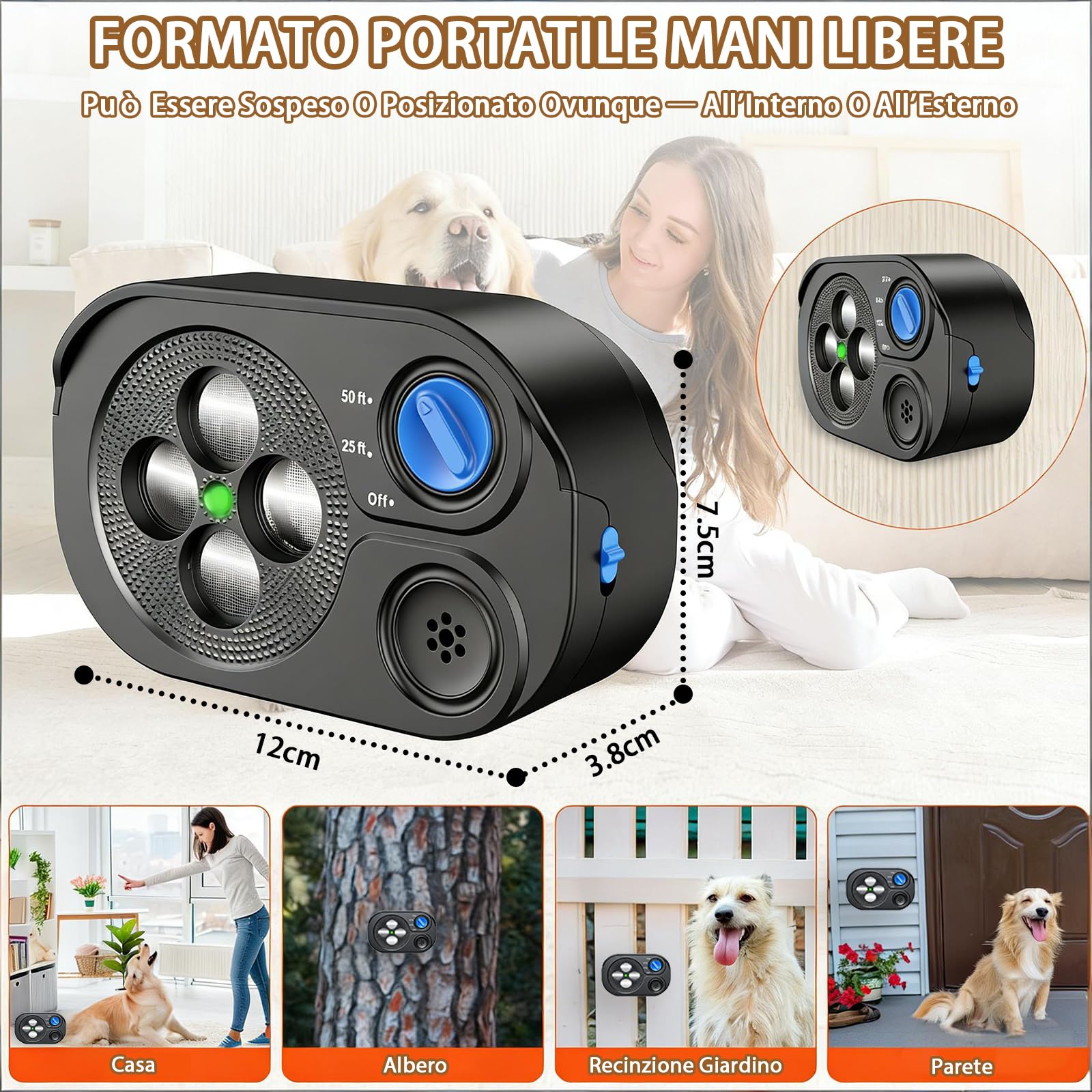 Dispositivo Anti-Abbaio, Deterrente Ultrasuoni per Abbaiare Cane 3 Aodalità, 23 m Stop Abbaiare Cane, Tappo Corteccia Sonico Interni Esterni, Dispositivi Anti Abbaio, IP65 Ricaricabile
