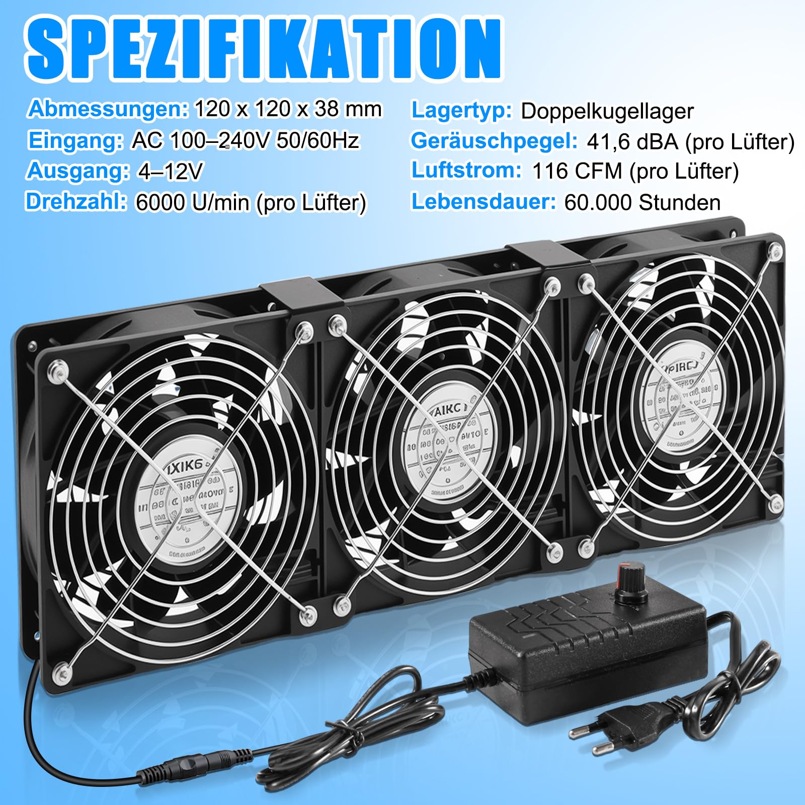 Joycabin Lot de 3 ventilateurs de 120 mm - Grand flux d'air - Avec régulateur de vitesse - 100 V-240 V CA - Double roulement à billes - 6000 tr/mi - Pour PC, serveur, armoire, serre