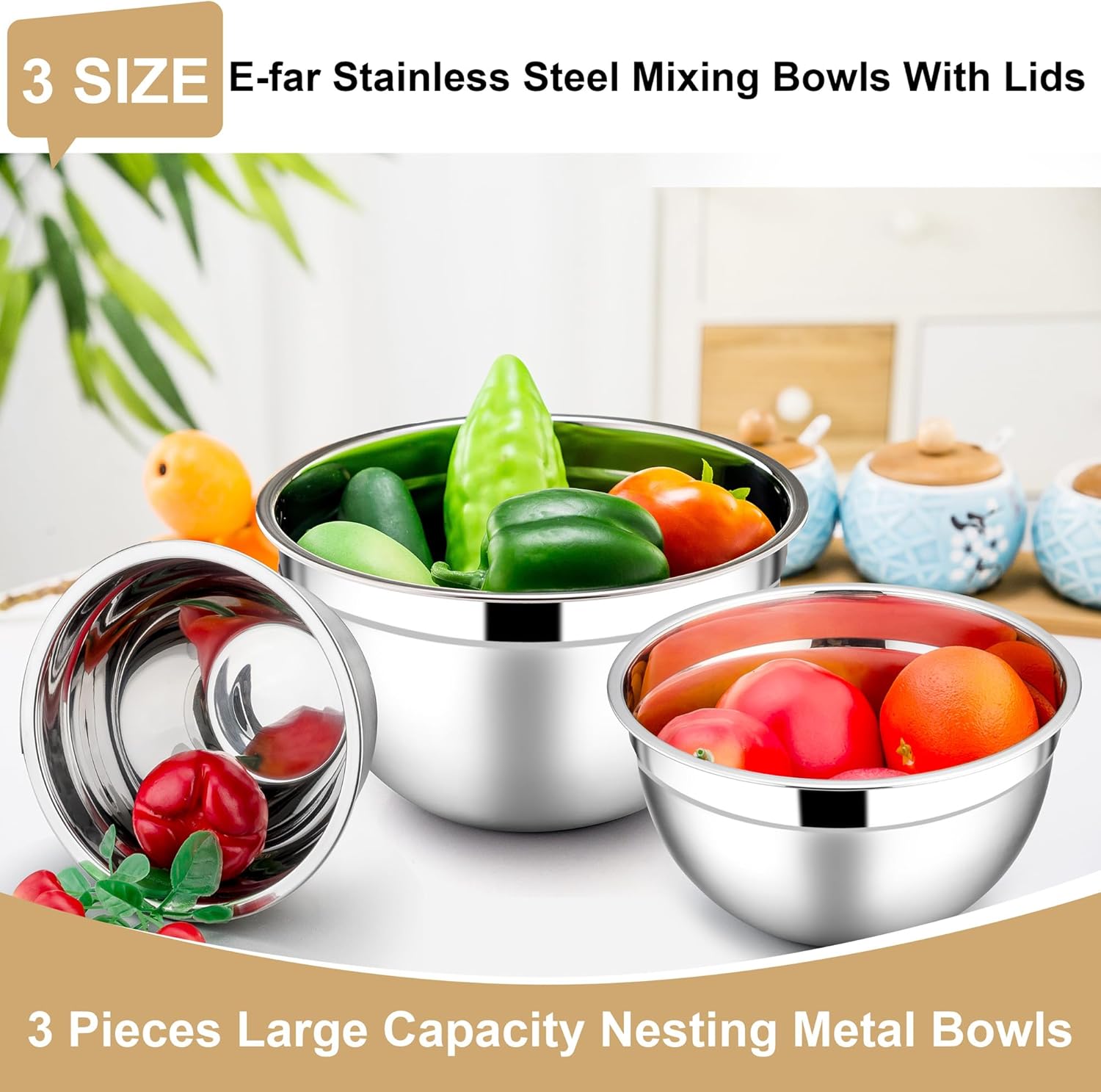 E-far Mixing Bowls with Lids, 6-Piece Stainless Steel Salad Bowls Metal Nesting Bowls for Baking Cooking and Prepping, Airtight Lids & Stackable Design, Size 4.5, 3, 1.5 QT (Khaki) - Image 3