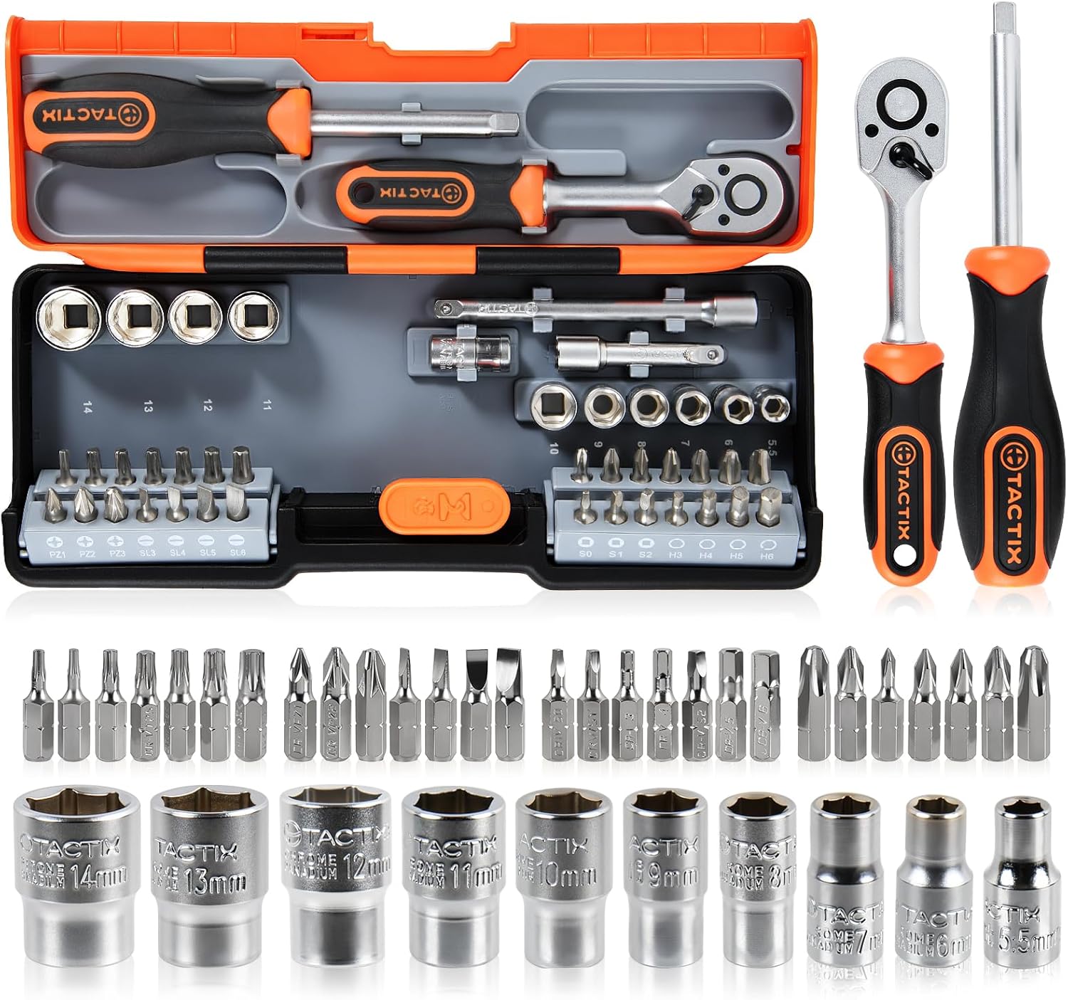 Tactix 43-Piece Socket Wrench and Bit Set 1/4'', CR-V Metric Sockets with Quick-Release Ratchet Wrench, Compact Sockets Set for Car Repair, with Storage Case