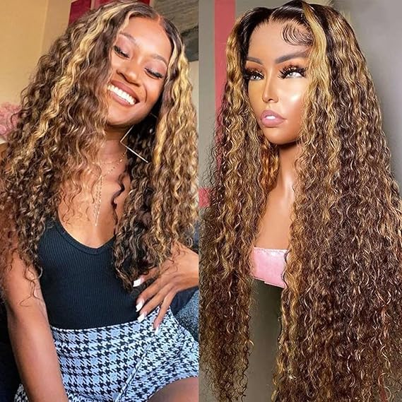 Highlight Ombre HD Transparent 13x4 Lace Front Wigs Human Hair 180% Density Honey Blonde 4/27 Deep Wave Lace Front Wigs for Black Women Frontal Curly Wigs Pre Plucked with Baby Hair 20 Inch