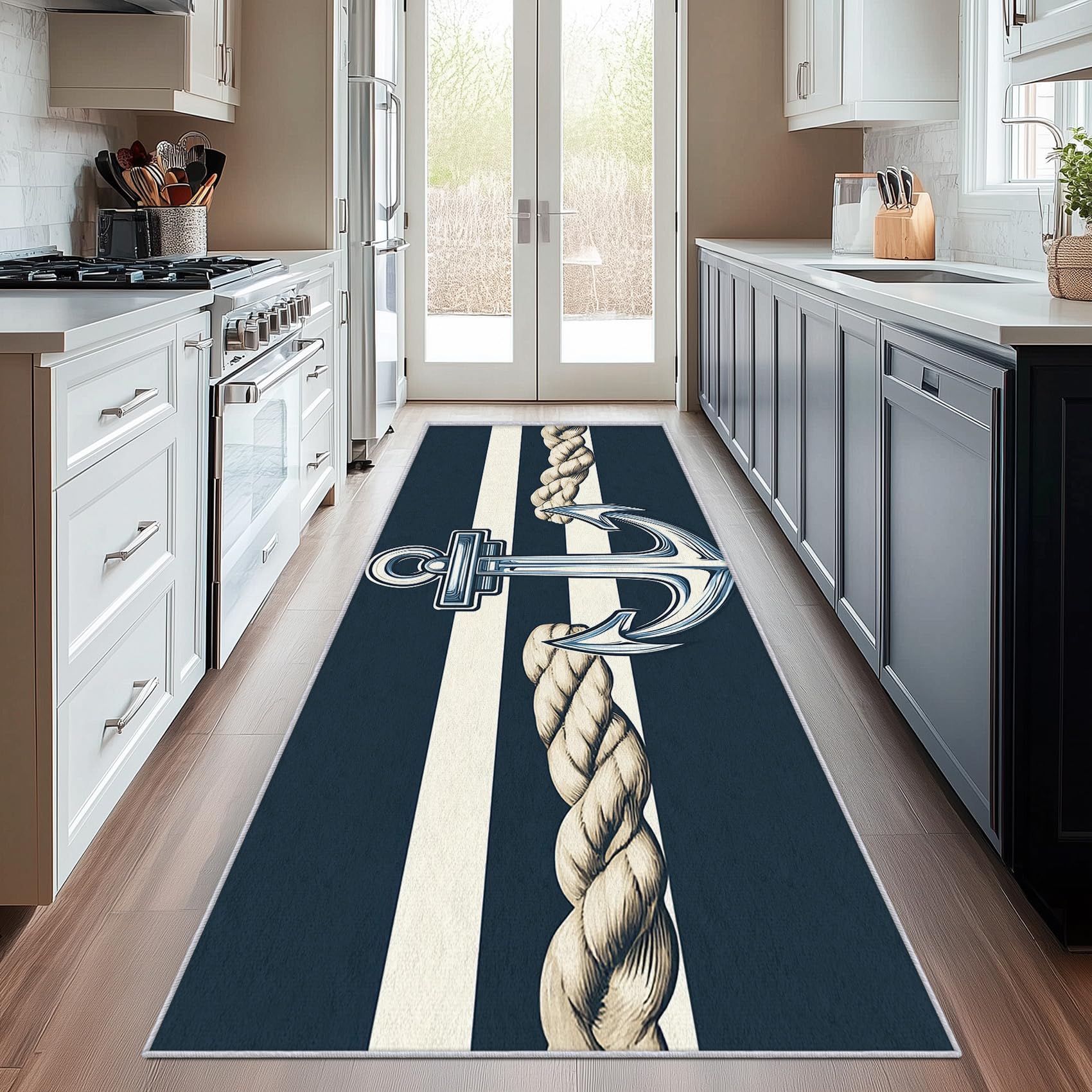 Anchor Runner Rug 2x7 - Hallway Runner Rug Ocean Nautical Striped White Navy Blue Pattern, Non Slip, Washable, Anchor Home Decor Carpet for Kitchen,