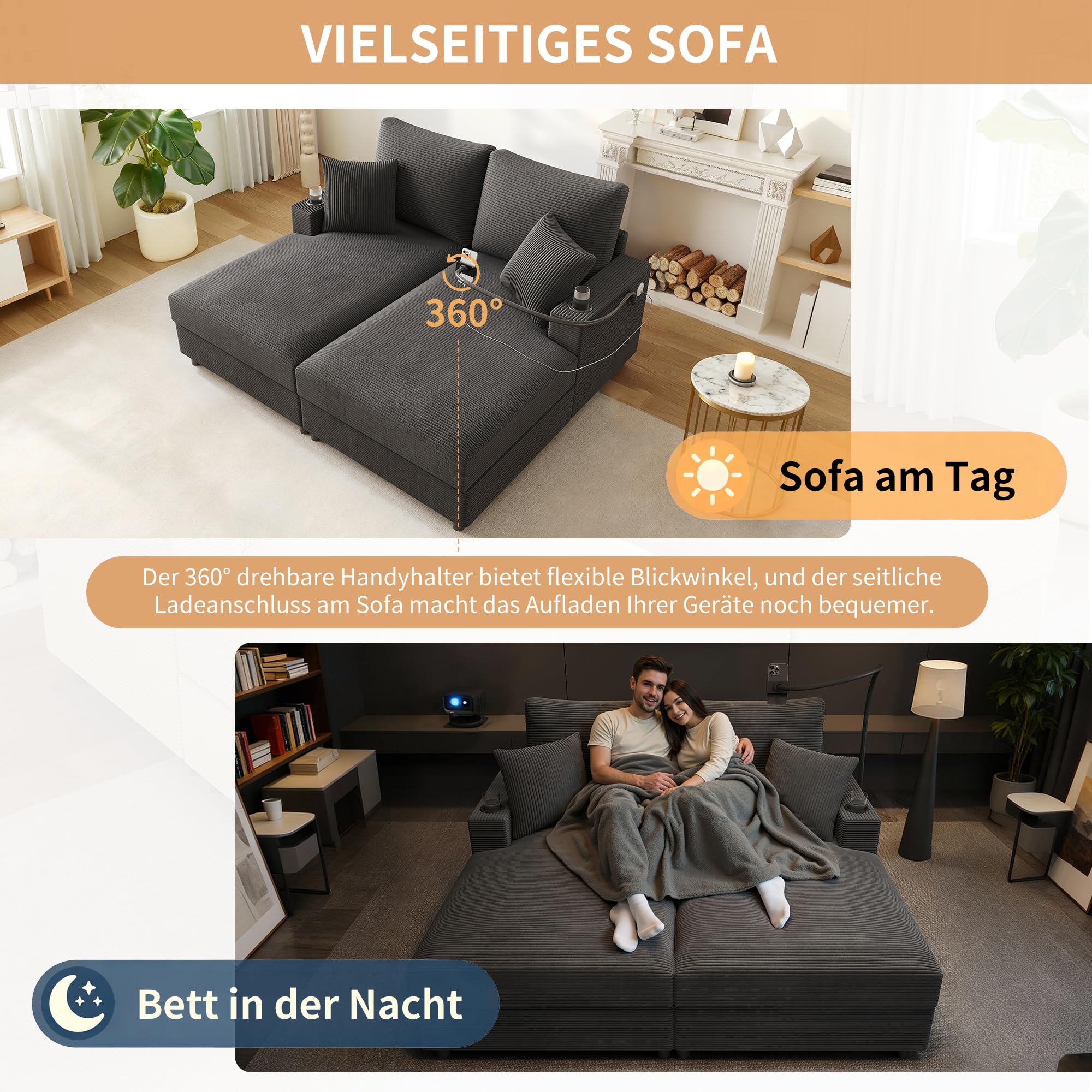 Canapé-lit double avec fonction couchage rembourré, support pour téléphone portable, port USB et porte-gobelet, convient pour le salon, la chambre à coucher (gris)