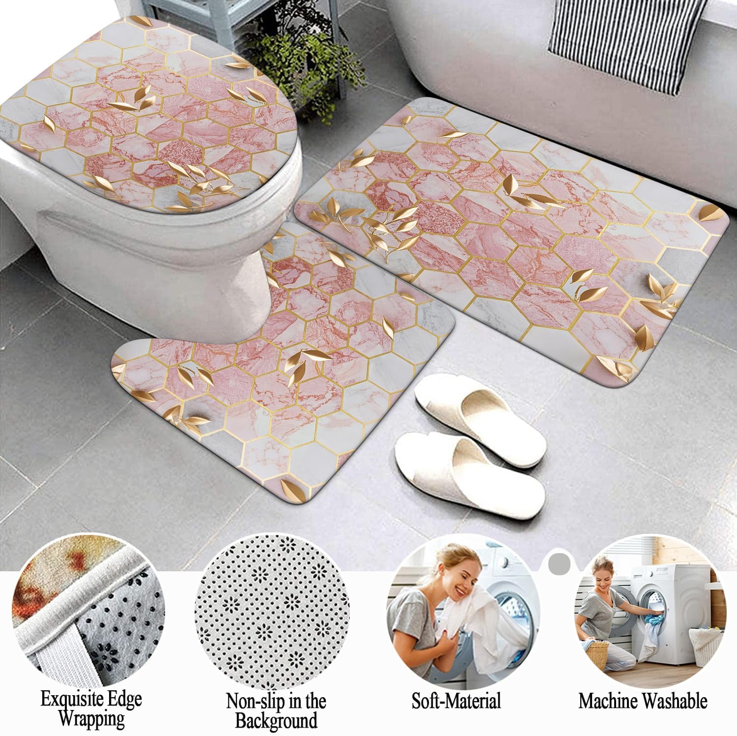 4 Pcs Pink Shower Curtain Sets with Rugs Bathroom Sets with Shower Curtain and Rugs Modern Abstract Bathroom Decor Accessories Shower Curtains for Bathroom Toilet Lid Cover
