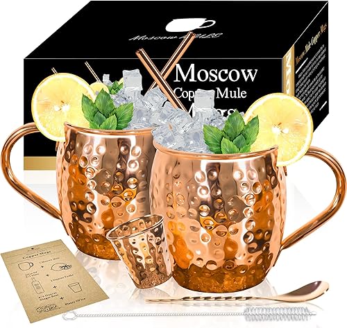 Moscow Mule - Juego de 2 tazas de cobre macizo 100% hechas a mano, juego de regalo con 2 pajitas de cobre, 1 cuchara agitadora, 1 vaso de cobre, 1