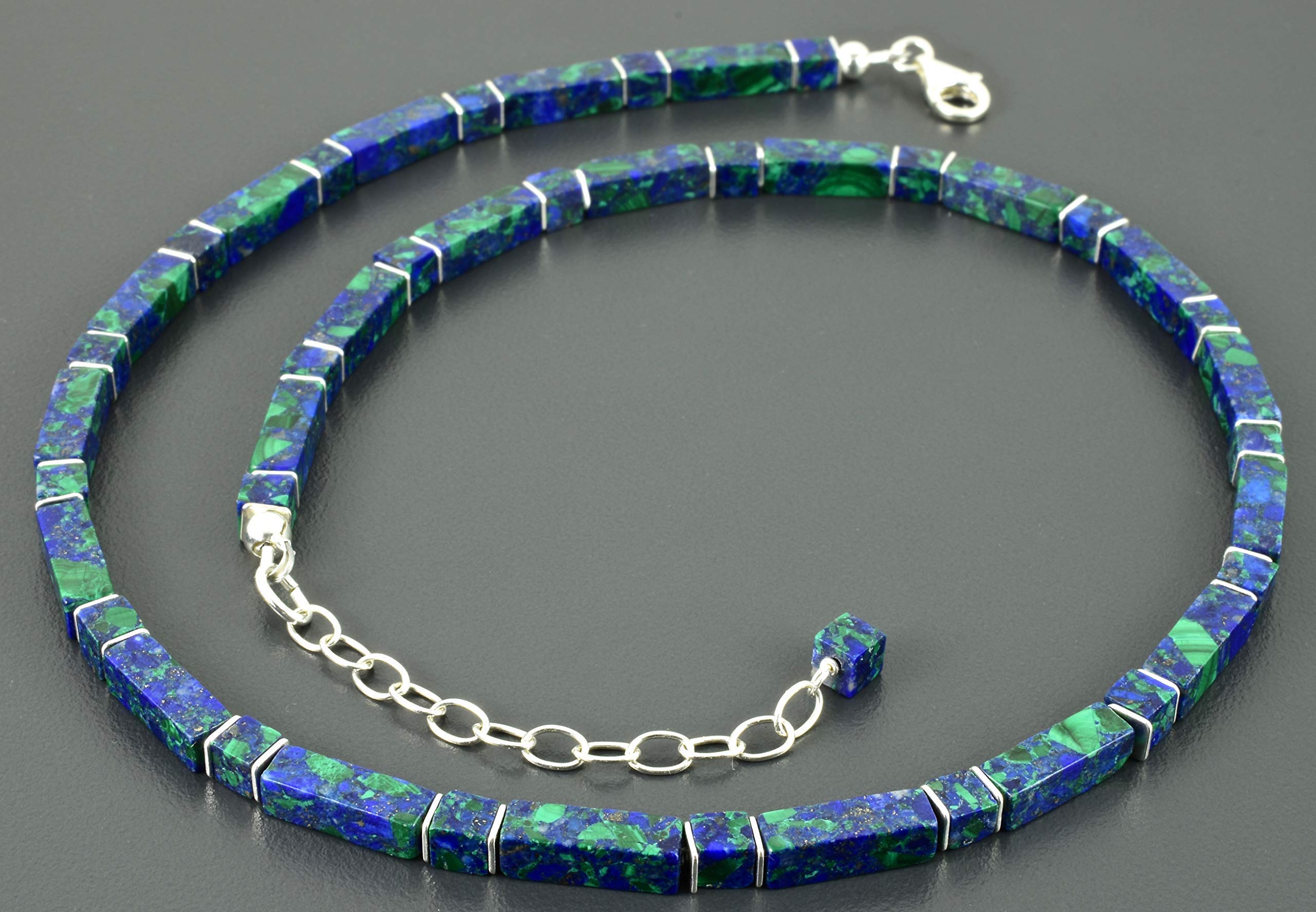 Azurit Malachit-Collier, Würfel und Rechtecke mit Sterling Silber, Edelsteinkette