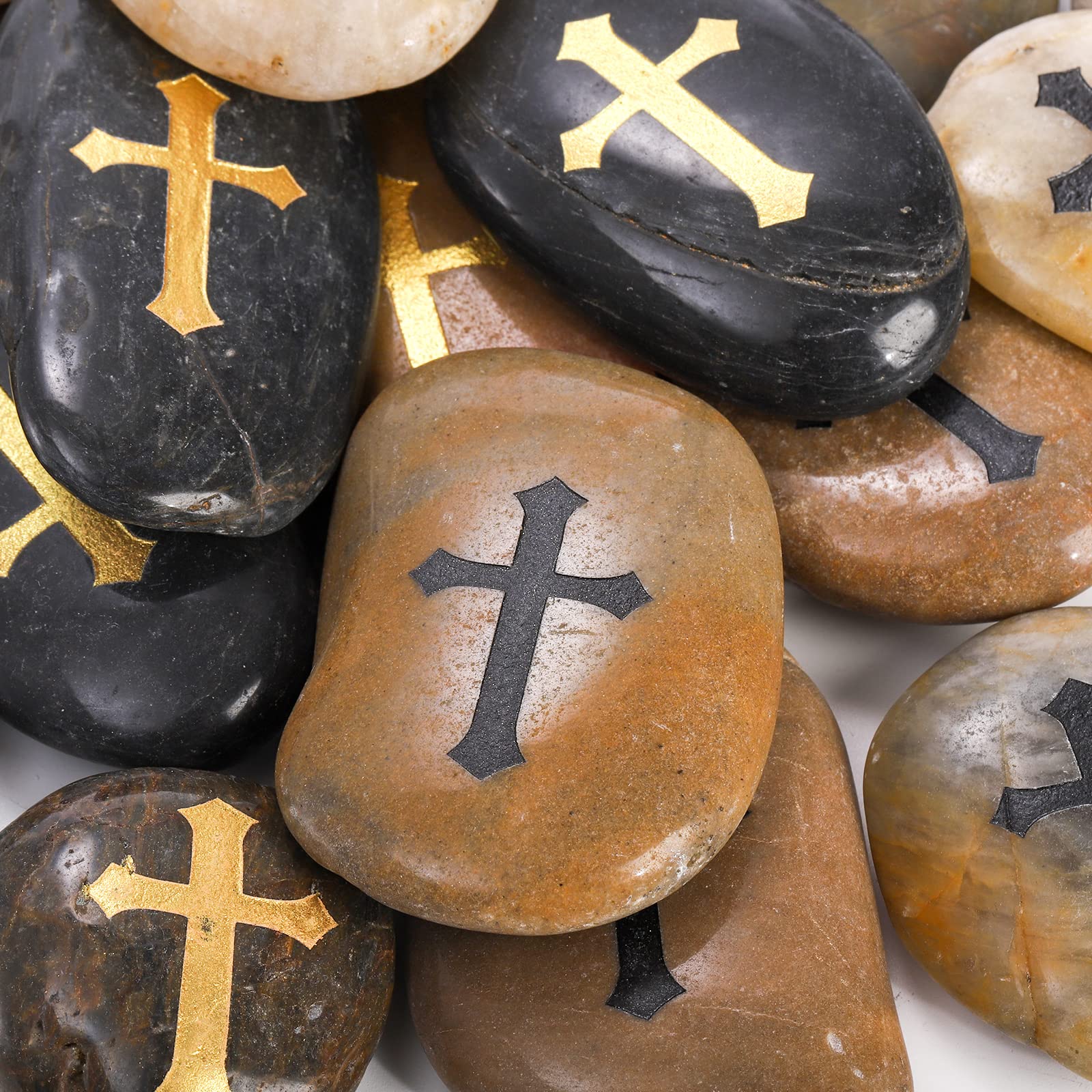 Jucoan 30 Pack Cross Engraved Stones, Polished River Pebble Inspirational Rocks, Prayer Faith Stones, Encouragement Rocks, Cross Religious Gifts for Wedding Easter Christmas, 2-3 Inch