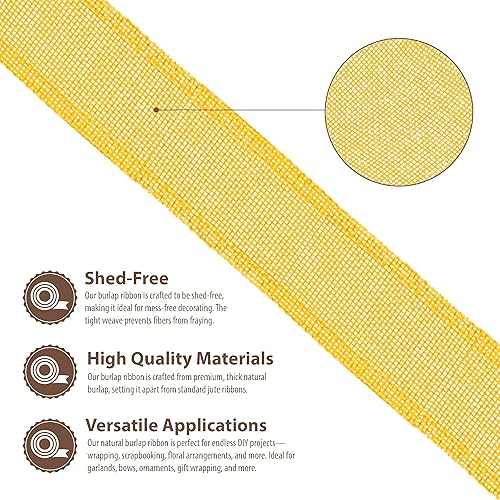 Miniatura 3 de Mandala Crafts Cinta de arpillera amarilla con alambre para corona, cinta de arpillera amarilla de yute natural rústico de 2 pulgadas de ancho, 10
