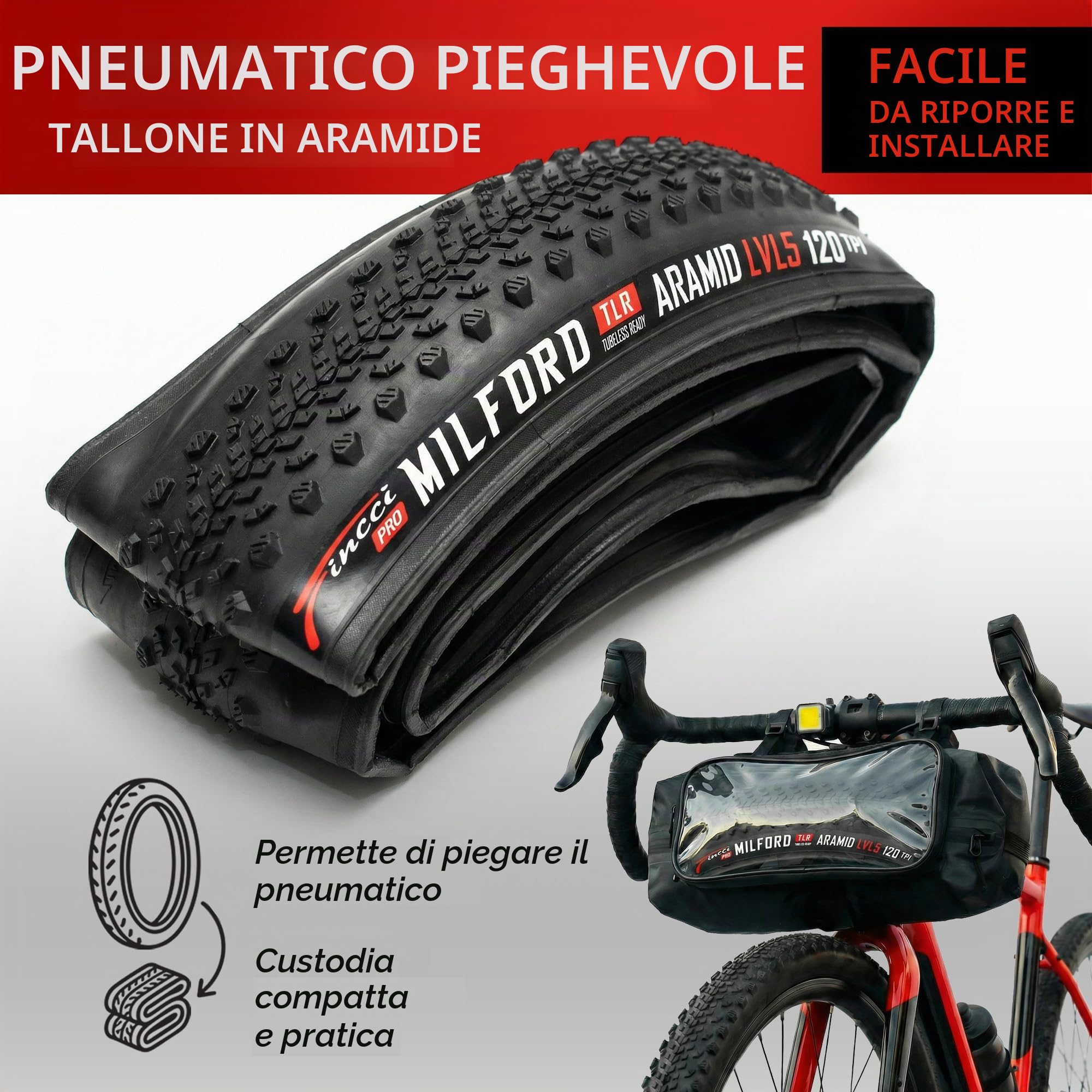 Fincci Milford Coppia Copertoni 28 Gravel Tubeless 700x45c - 2 Copertoni Bici 28 Aramidici Antiforatura Nylon 1mm 120 TPI - per Elettrica, Gravel, Ibrida 47-622