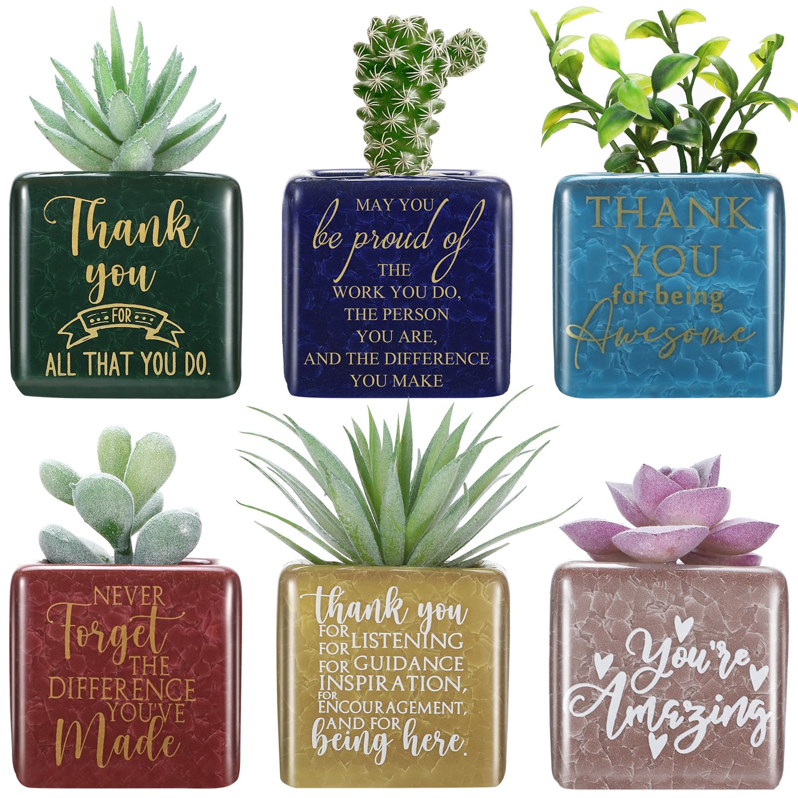 Sieral 6 Pcs Inspirational Ceramic Plant Pot Gift Thank You for Helping Me Grow Succulent Pots with Drainage Hole Appreciation Gifts for Teacher Employee Volunteer, Plants Not Included(3.15 Inch)
