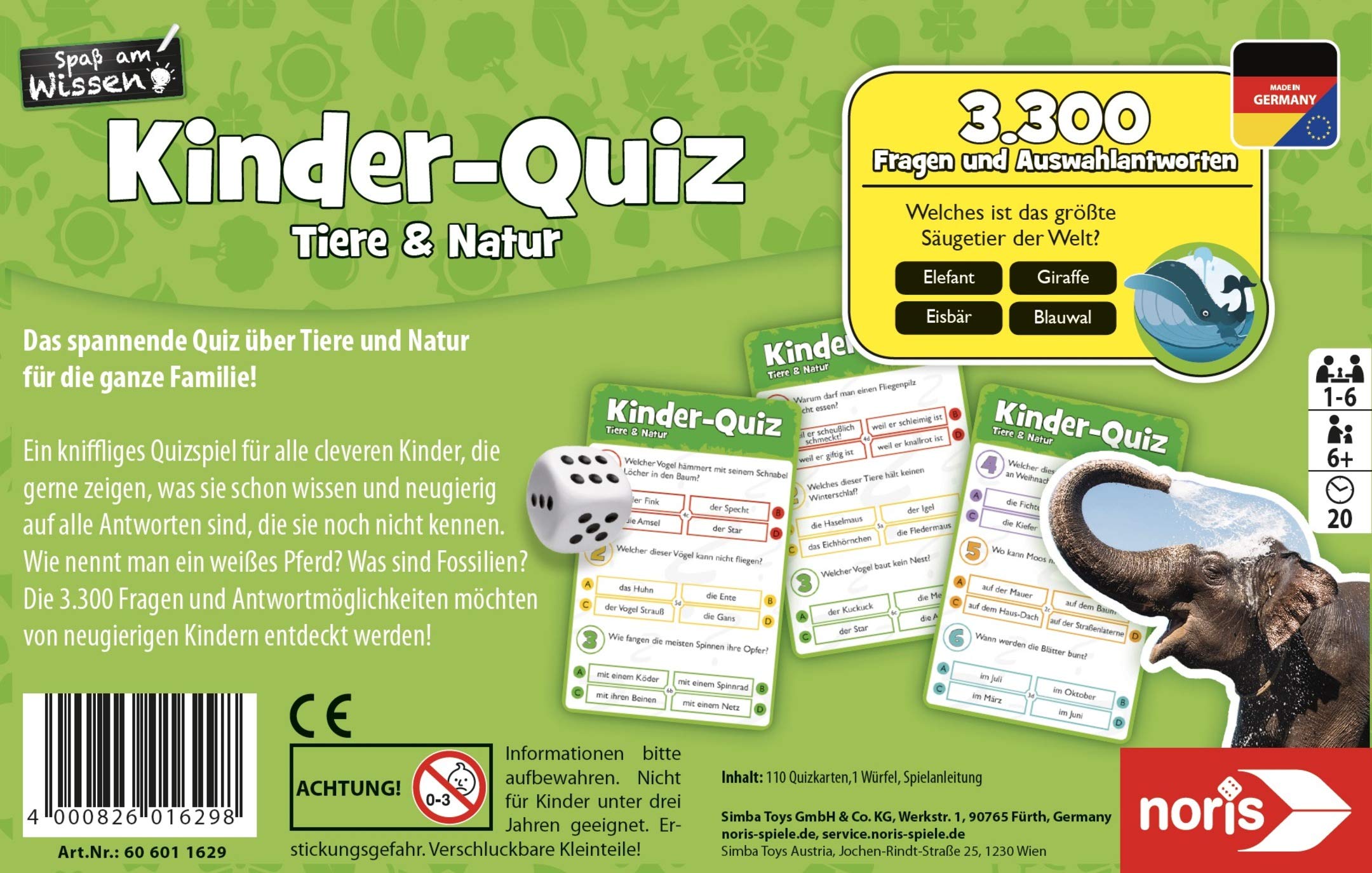 Noris 606011629 Children's Quiz Animals and Nature, Family Fun for Home or Travel, for 1-6 Players from 6 Years