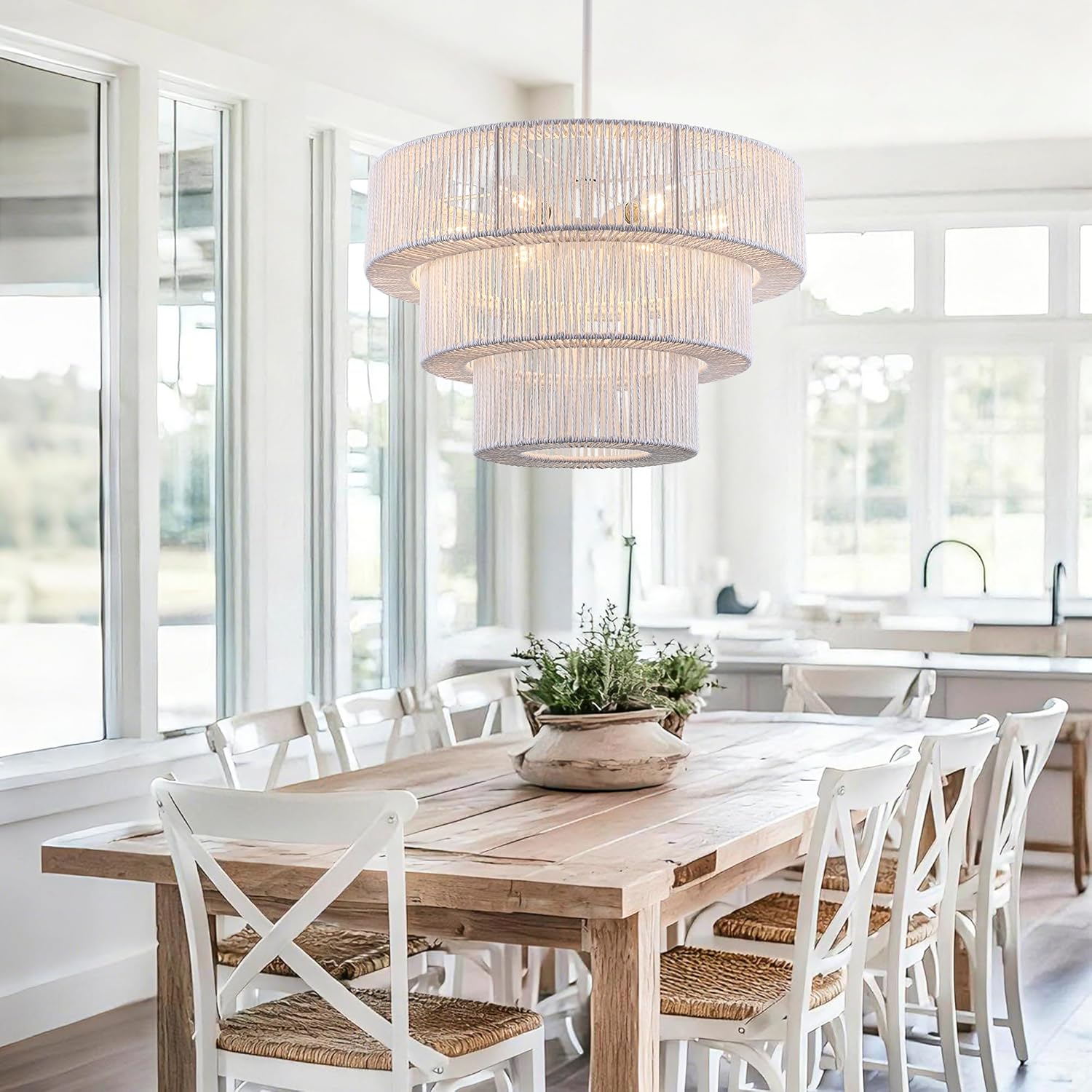 25.19" White Boho Large Rattan Chandelier Light Fixture, 6-Light Farmhouse Pendant Light Hand Woven Chandeliers for Kitchen Bedroom, Dining Room, Living Room, Hallway, Foyer