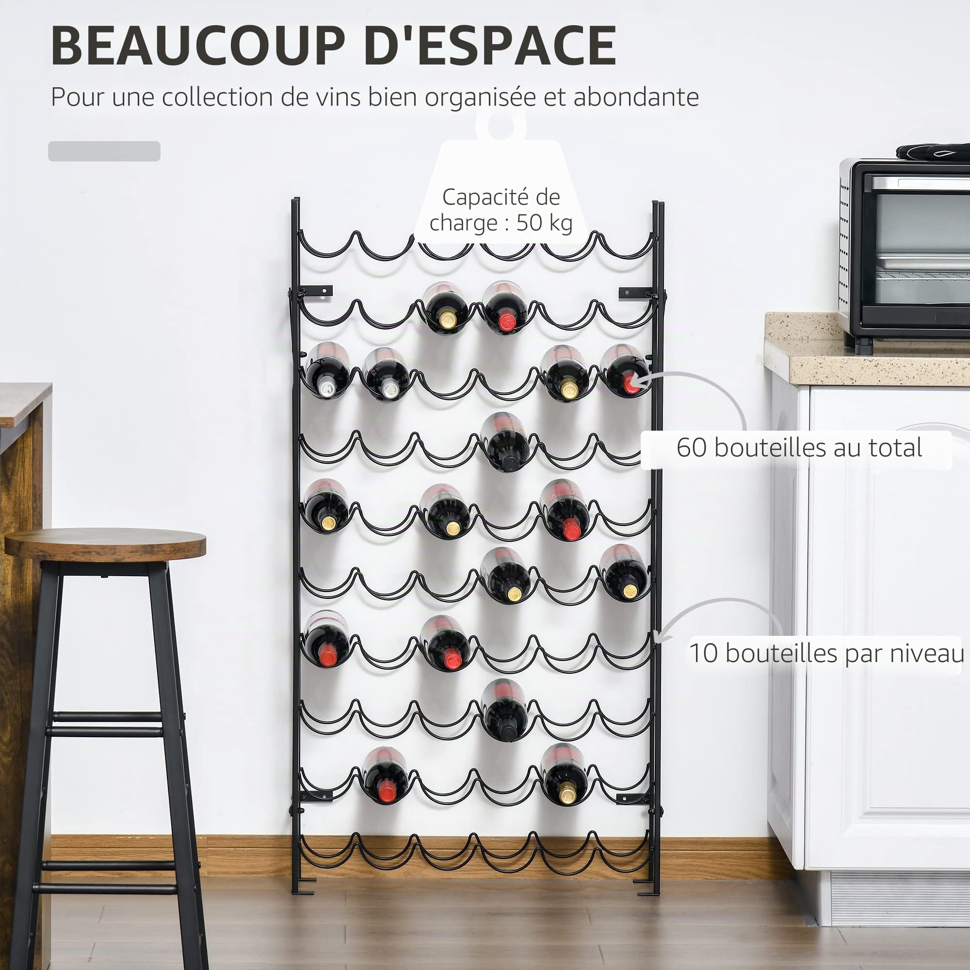 HOMCOM Étagère à vin en métal pour 60 Bouteilles - Fixation Murale - Noir