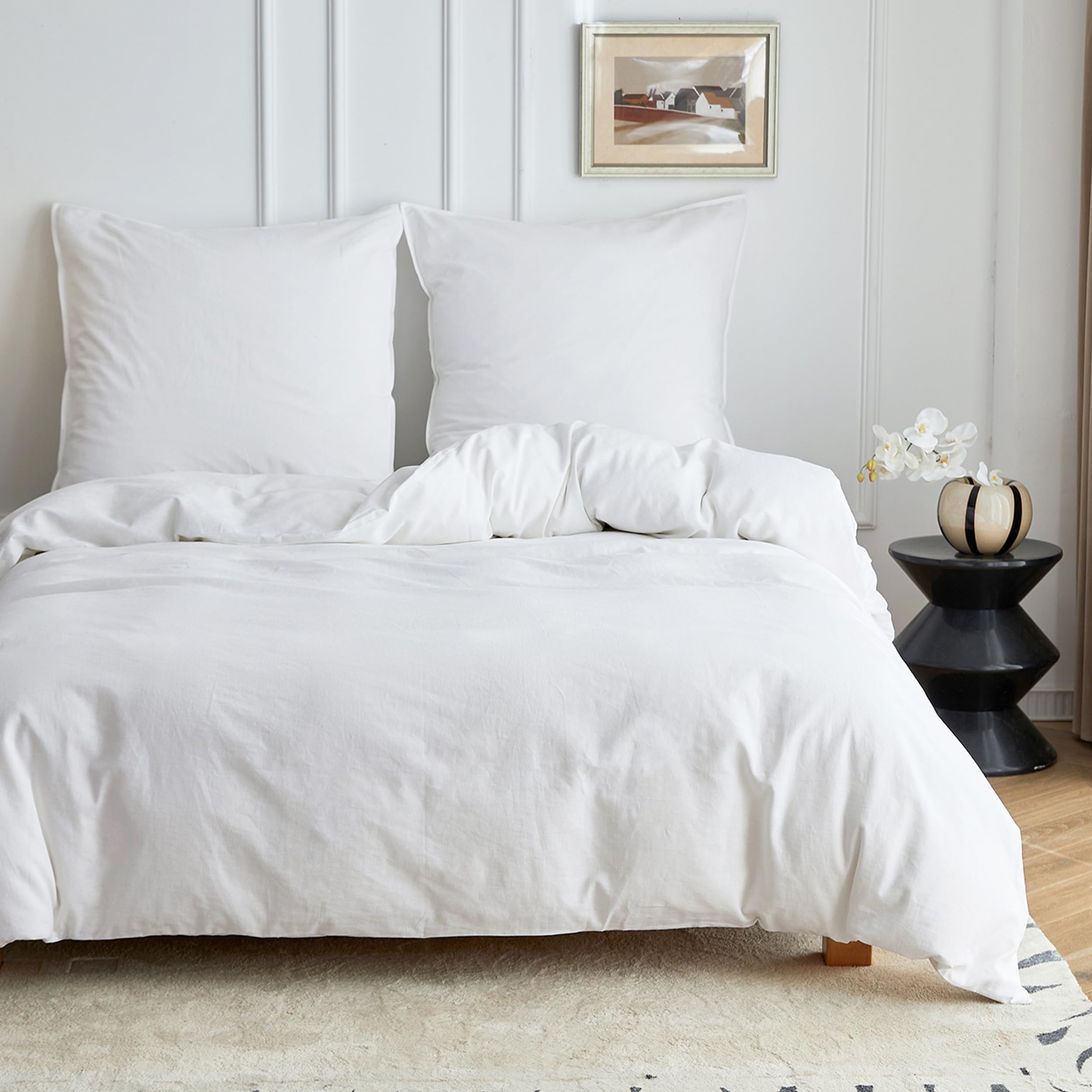 Simple&Opulence Juego de Funda Nórdica Cama 150 de Algodón y Lino con Funda de Almohada de 80 x 80 cm,Suave y Transpirable Juego de Funda Edredon 220x240 cm,Blanco