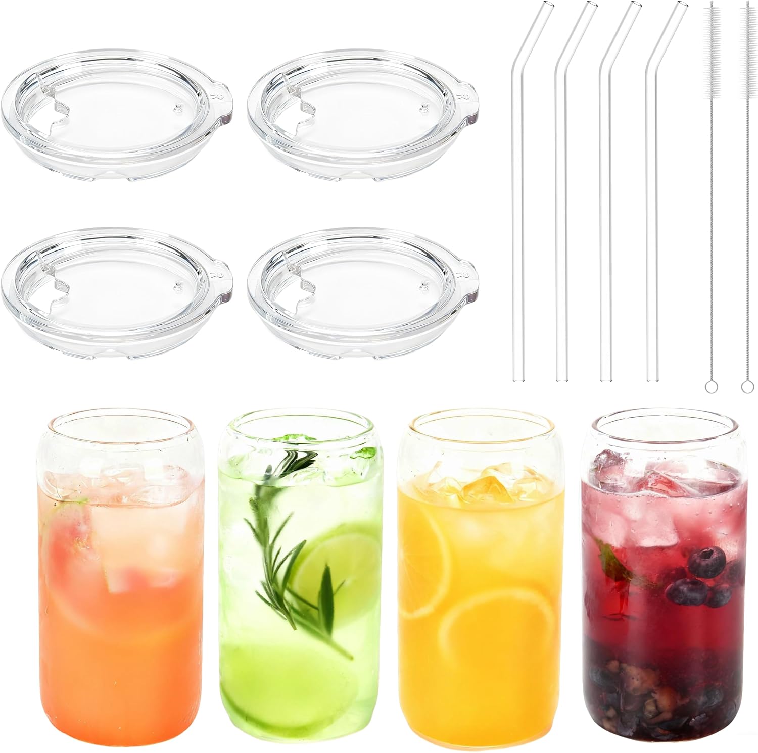 16OZ Drinking Glass Cup with Tritan Lid and Straw 4pcs Set, Cute Iced Coffee Cup, Aesthetic Glass Tumbler with Lid and Straw, Ideal Gift for Women, Birthday, Christmas