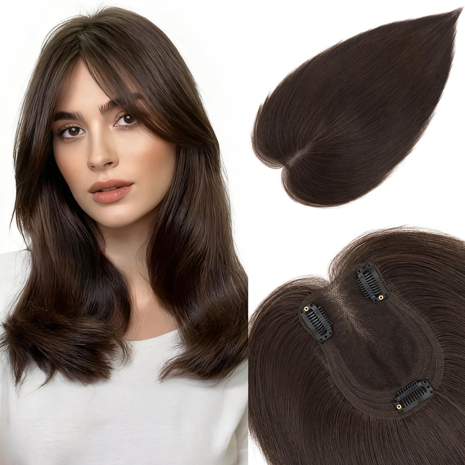 MY-LADY Topper Cheveux Humain Femme Sans Frange Volumateur Capillaire Naturel Léger Forme le Visage Pour Femme Fille(35g, #02 Marron Foncé)