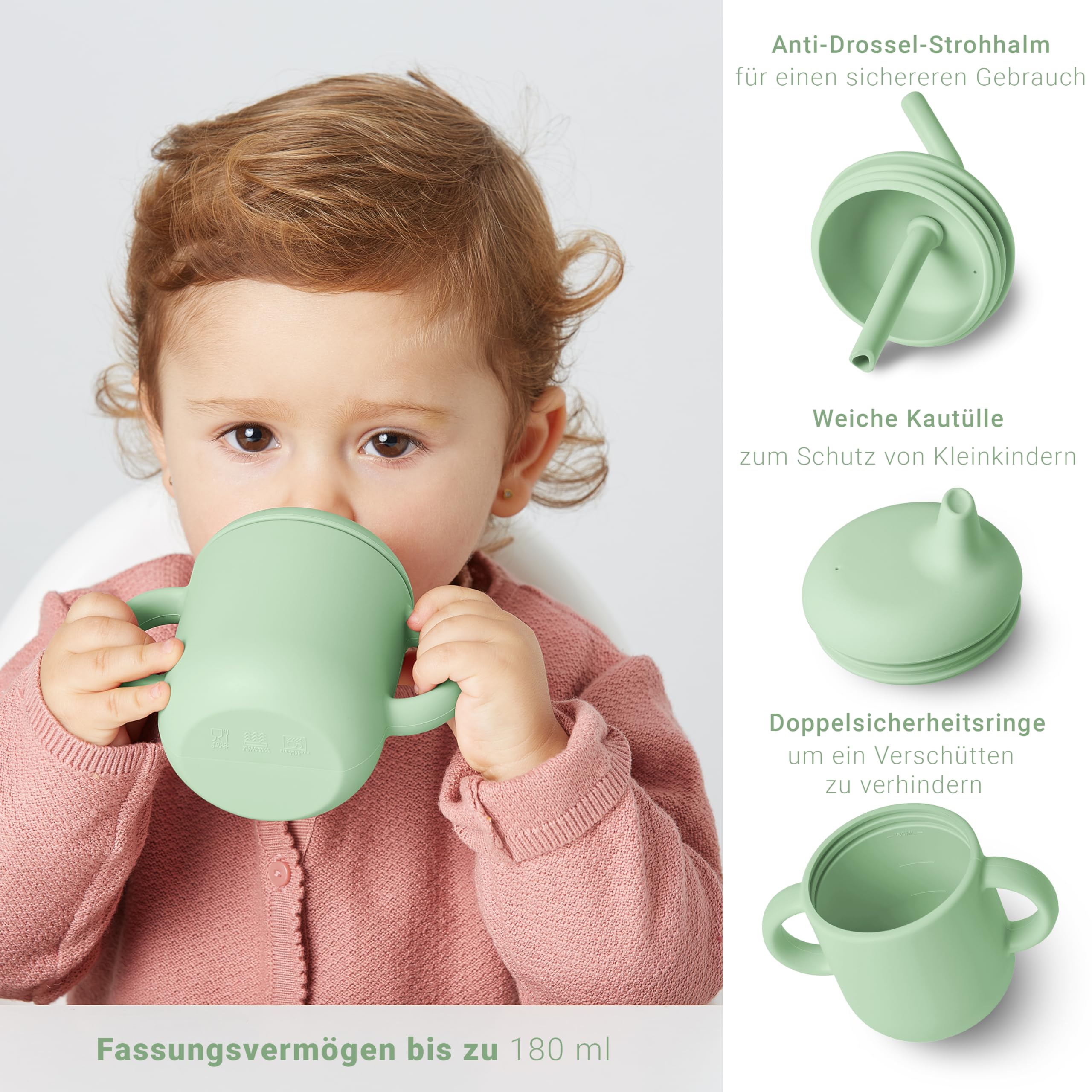 Navik | Baby Geschirrset 12 Stücke | Silikon babyteller | trinkbecher kinder mit griffen | lernlöffel und schüssel | ab 6 monate | grün