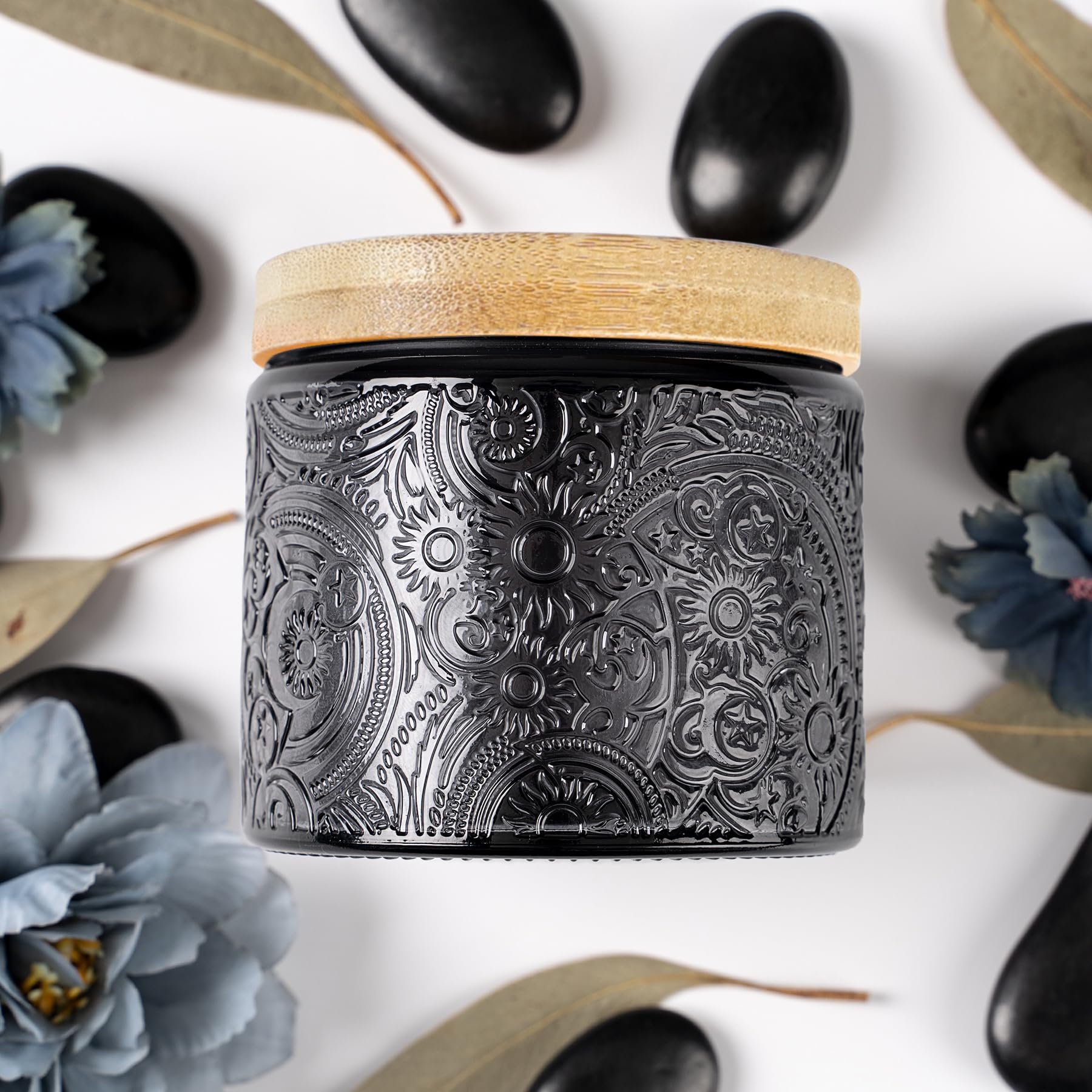 View 1 of 10 oz Gray Sun Moon Stars Candle Jars with Bamboo Lids, 9 Pack