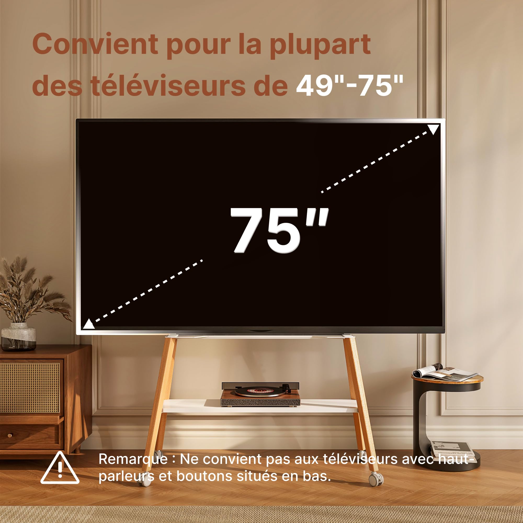 Support TV avec roulettes pour étagère Mobile de 49 à 75 Pouces | jusqu'à 40 kg, design Easel en métal et bois, idéal pour magasin, bureau, école et maison, Max VESA 600*400MM, Blanc