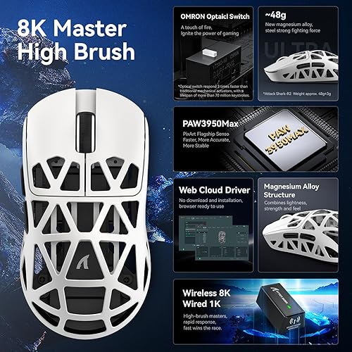 Miniatura 3 de ZIYOU LANG x Attack Shark R2 - Ratón inalámbrico para juegos, aleación de magnesio superligero, sensor óptico PAW3950 42000 DPI, frecuencia de Blanco