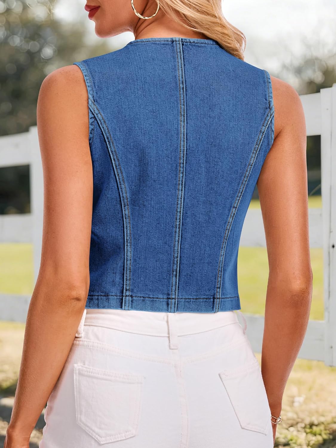 IVIR Denim Vest V Neck Jean Vest Tops for Women Sleeveless Button Down Denim Cropped with Pockets Casual Outfits