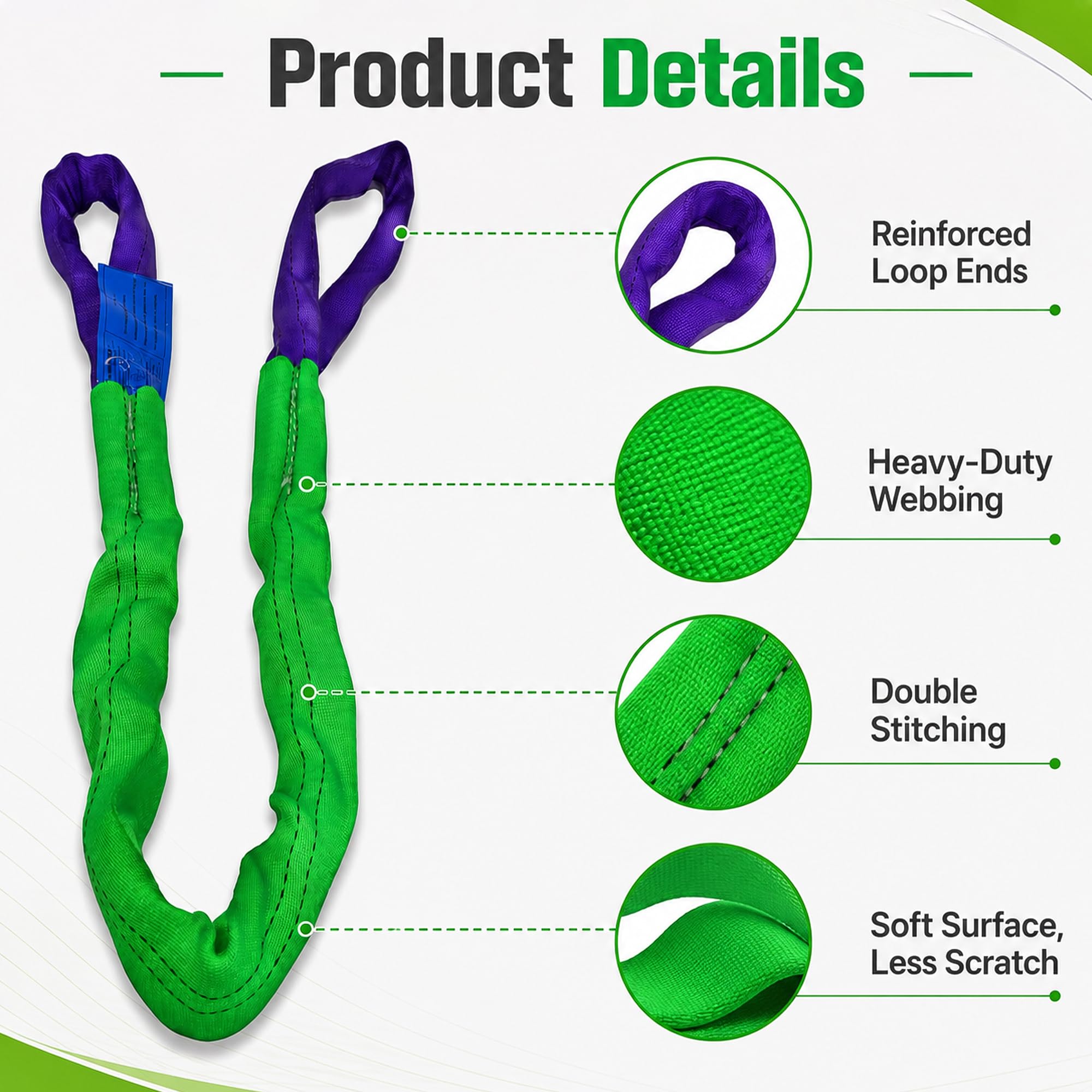 Cinghie di sollevamento in poliestere resistente, 5,1 cm x 2,3 m, verticale, 1,995 kg, girocollo da 1,596 kg, cestino da 3,991 kg, confezione da 2 (verde/viola)