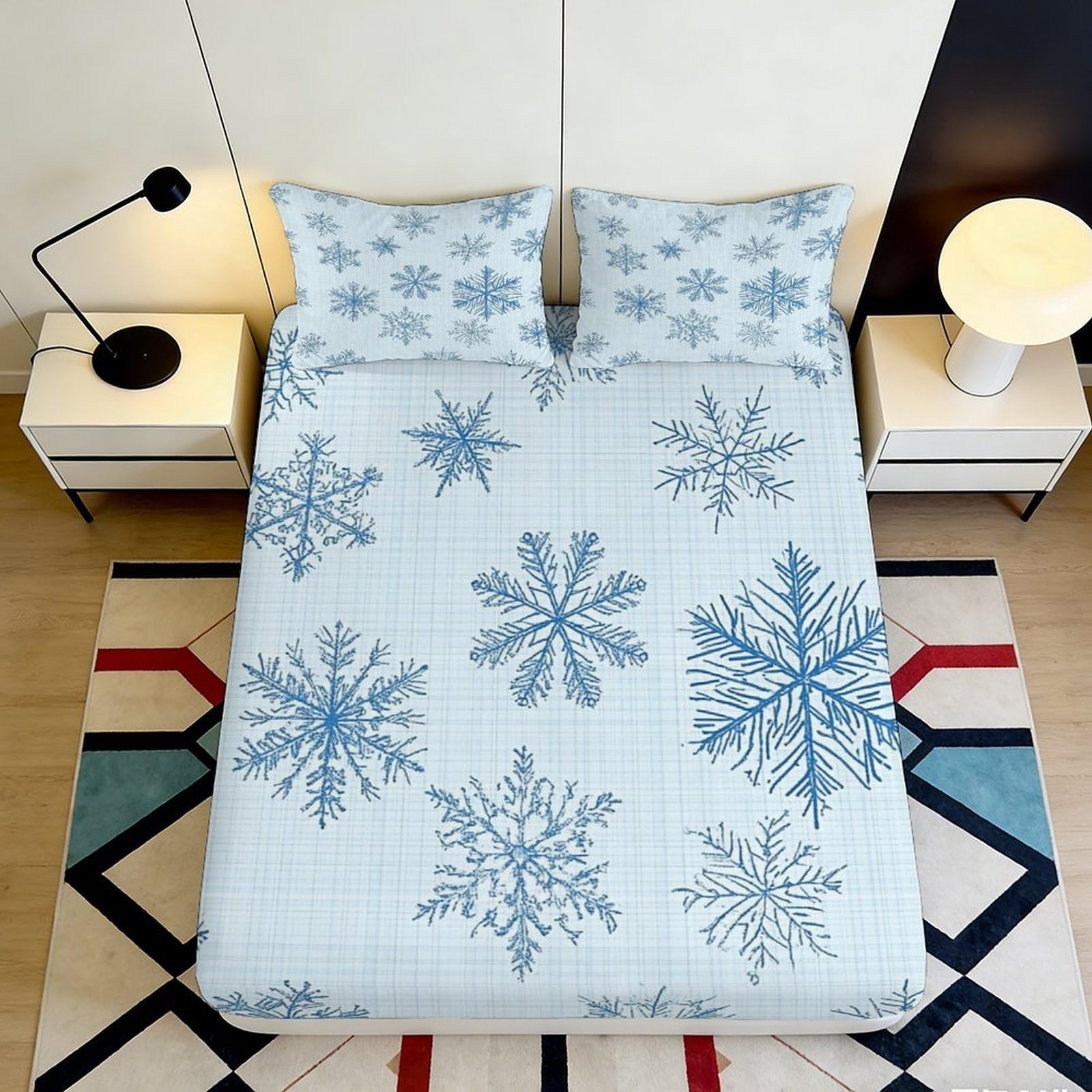 Pnayamiorkfel Style-5 3D Printed Snowflake Pattern Fitted Sheet Microfiber Soft Blue Bed Cover Anti-Slip Easy Care For Bedroom Dorm 90X200x25cm