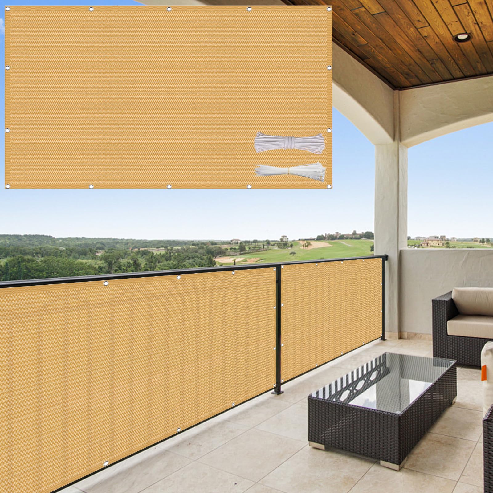 Telo Frangivento 85 x 750 cm in HDPE 220G ㎡, Frangivento, Protezione Solare, Permeabile, Anti-Uv, Telo Ombreggiante Occhiellato con Fascette e Funi para Exterior Terraza, Giallo sabbia