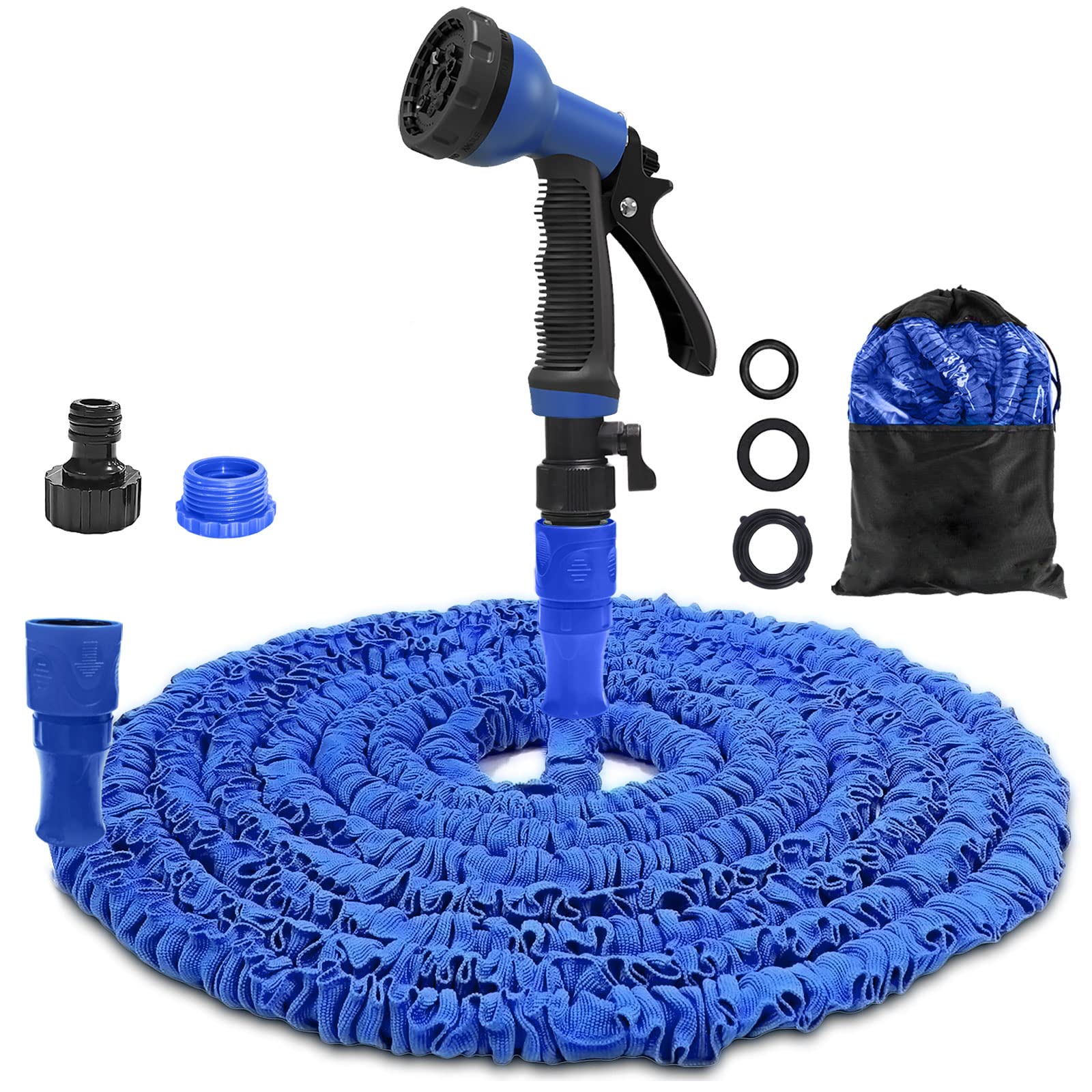 50FT Garden Hose Pipe, Expandable Garden Hose with 8 Modes Hose Pipe Spray Gun, Flexible Expanding Hose Pipe with 3/4", 1/2" Connectors for Watering, Cleaning, etc(50FT, Blue)