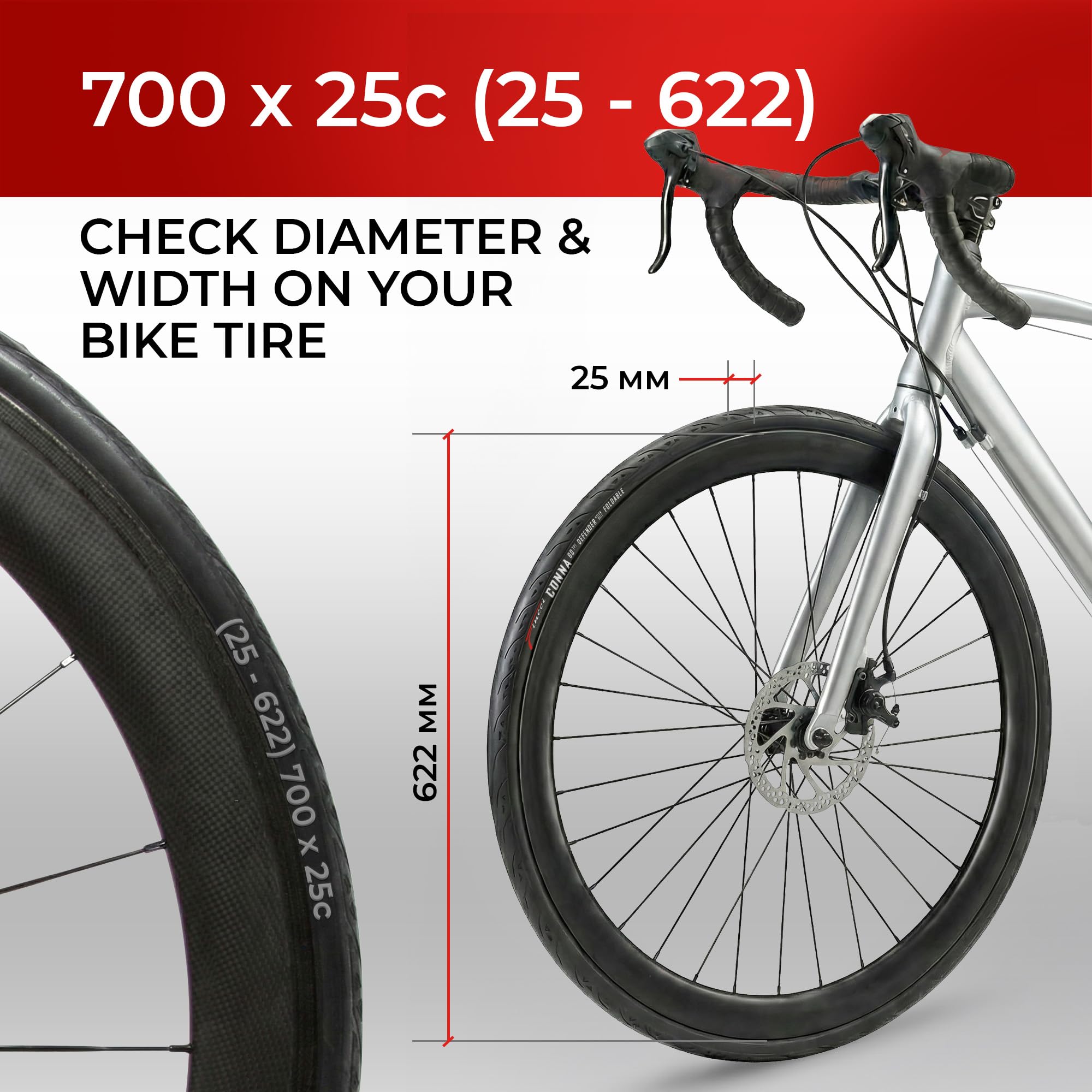 Fincci Zestaw opon do roweru szosowego 700 x 25c - Black Racing 25-622 60TPI 700c opony - Turbo Trainer 700x25c opona 3 mm nylonowa ochrona z dętkami zaworu Presta 60 mm do roweru wyścigowego