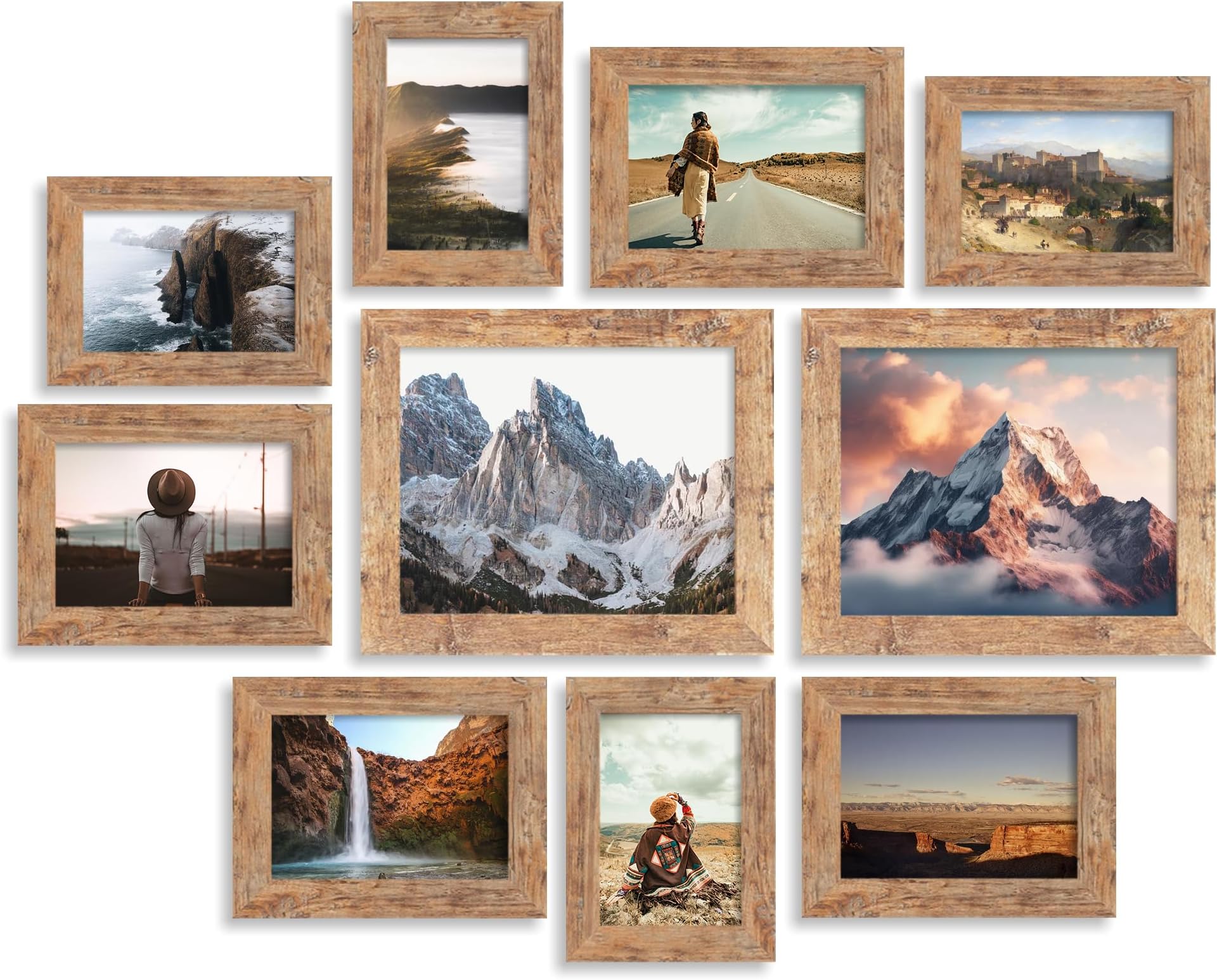 iRahmenPicture Frames 10 Pack, Gallery Wall Collage frame with Two 8x10, Four 5x7, Four 4x6, Photo Frame set for Hanging or Tabletop Display, Real Glass, Rustic Brown