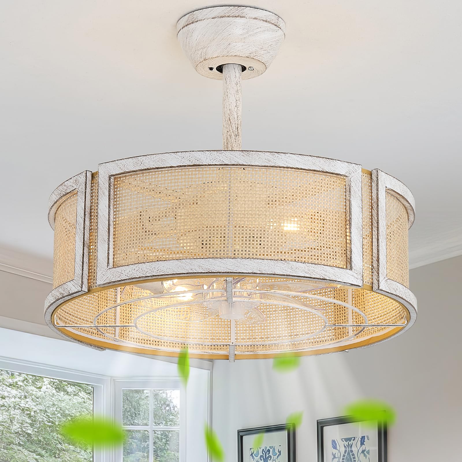 20" Boho Ceiling Fans with Lights, Rattan Fandelier Ceiling Fan with Light Remote Control with Caged 6 Speeds for Bedroom, Nursery, Living Room