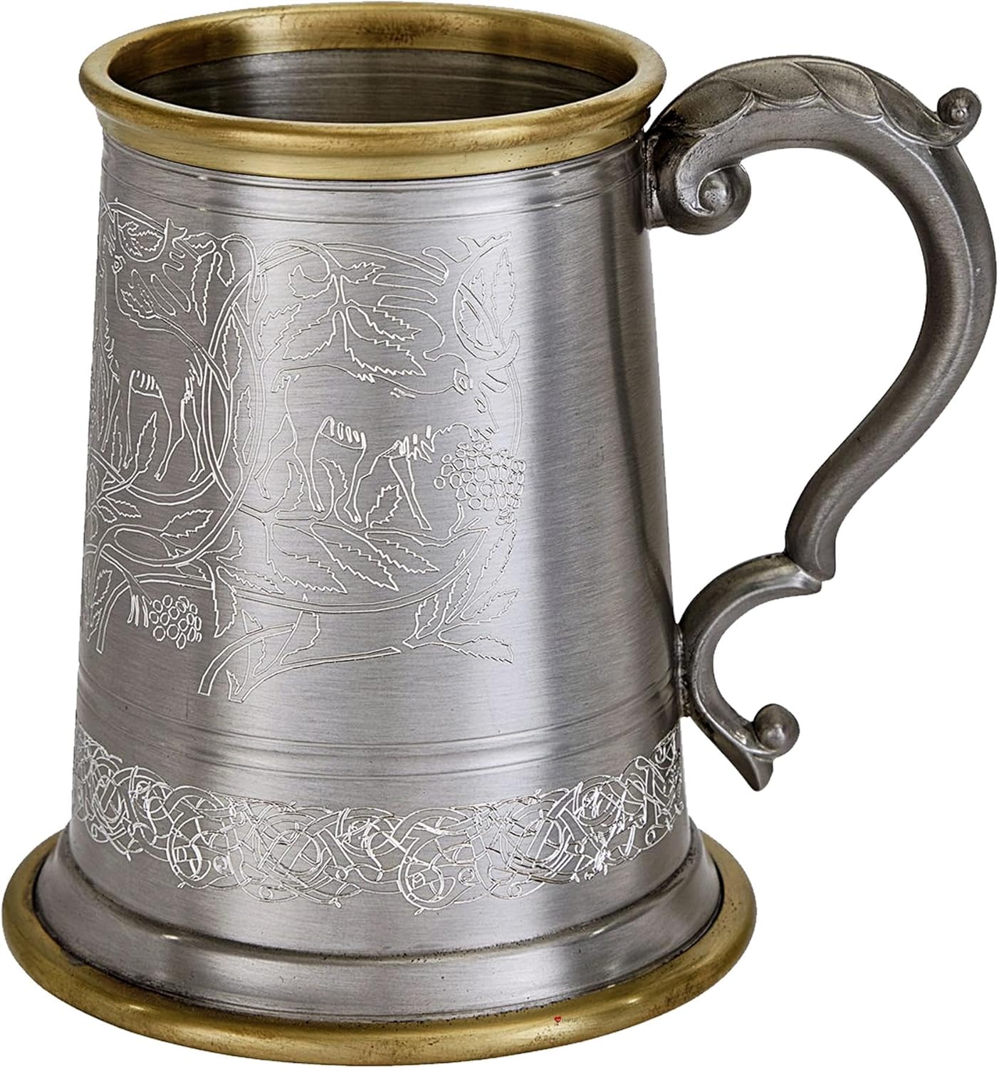 Pewter Brass Rim Tankard 1 Pint Viking Norse Artwork Design Antique Pewter Finish Scroll Handle Pure Beer Tankard Personalised Gifts for Men and Women
