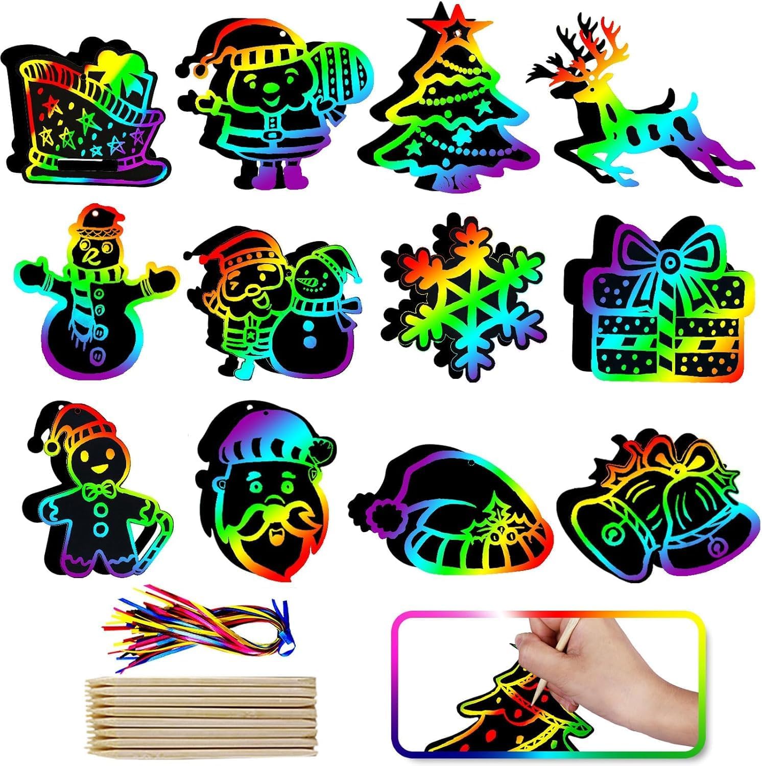 Christmas Scratch Art Paper, 12 PCS Magic Rainbow Scratch Paper Cards Set for Kids, DIY Projects Xmas Tree Ornaments and Kids Birthday Decoration, 4 Pcs Drawing Sticks & 12 Pcs Cords