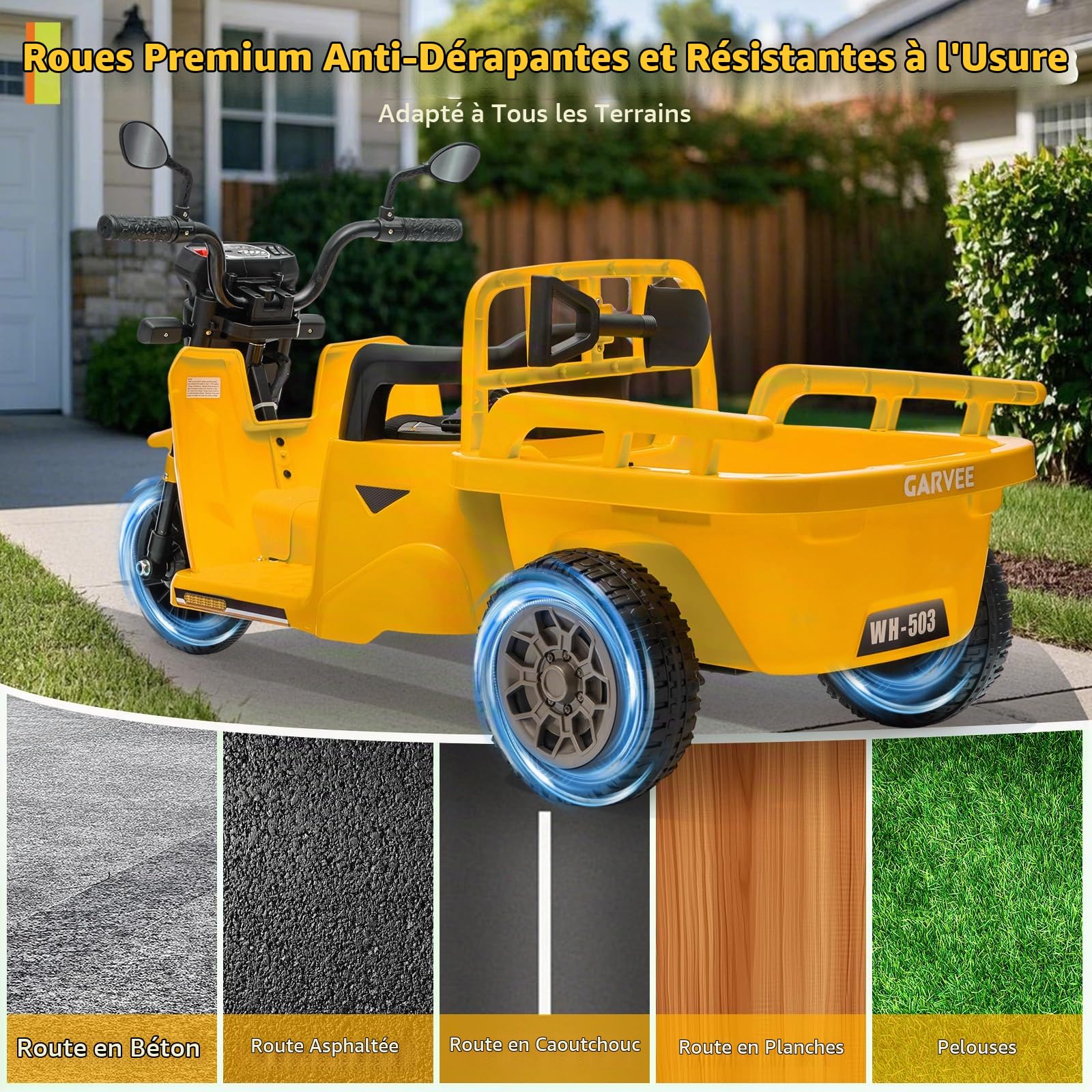 Garvee Tracteur Électrique Enfant 12V avec Remorque et Benne-Pelle, Tuk-Tuk Électrique, Tricycle 3 Roues avec Musique, LED, Klaxon, Cadeaux pour Enfants 3-8 Ans – Jaune
