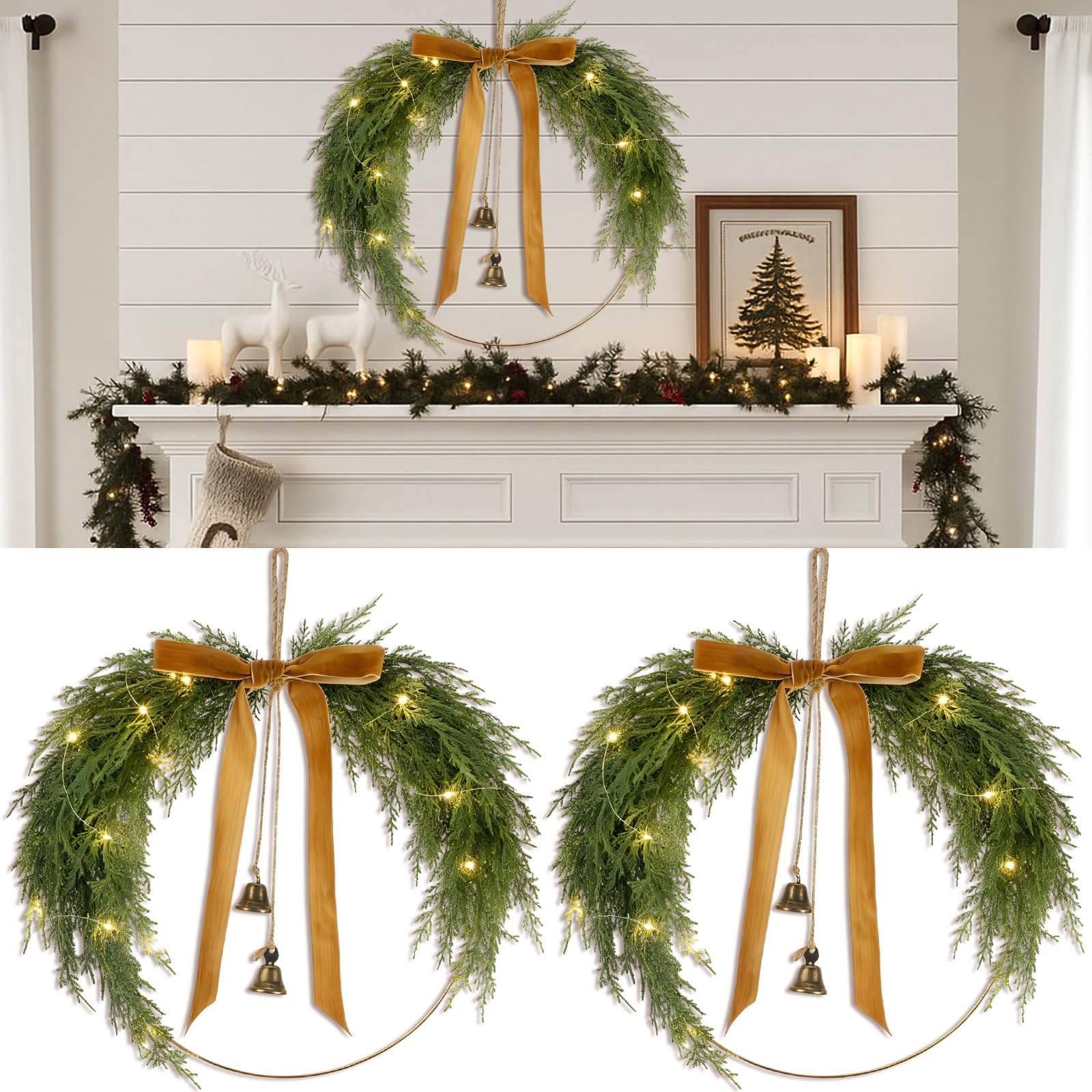 Hungdao Lot de 2 couronnes de Noël en pin avec nœud lumineux de 30 cm - Décoration rustique pour fenêtre et mur - Décoration à suspendre (pin cèdre)
