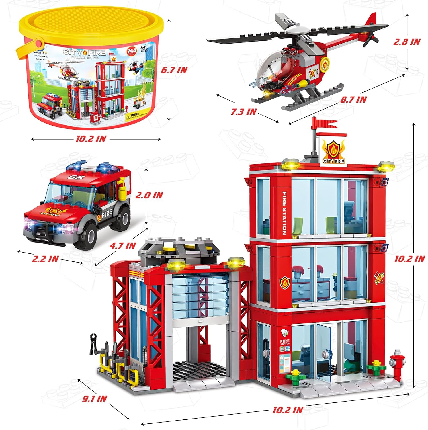 City Fire Station Building Blocks Set with Fire Truck , Fire Rescue Helicopter,Drone & Fire Engine Toys,Fire Command Center Playset, Firefighters Roleplay Toy Gifts for Kids Boys Girls Ages 6+(744PCS)