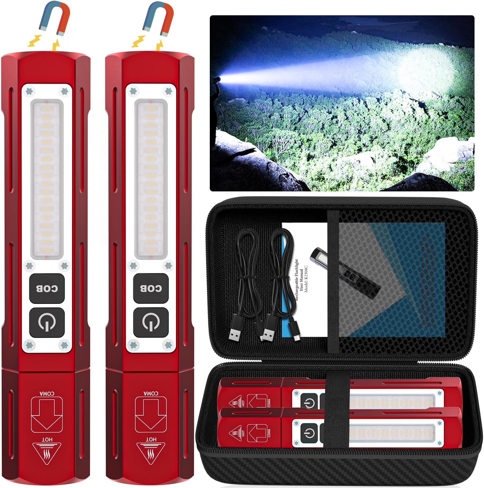 Rechargeable Flashlights High Lumens - 20,000LM Super Bright Small Pocket Magnetic Flashlight, 8 Modes LED Tactical Flash Light, Dual Button Powerful Flashlight for Camping (2, Red)