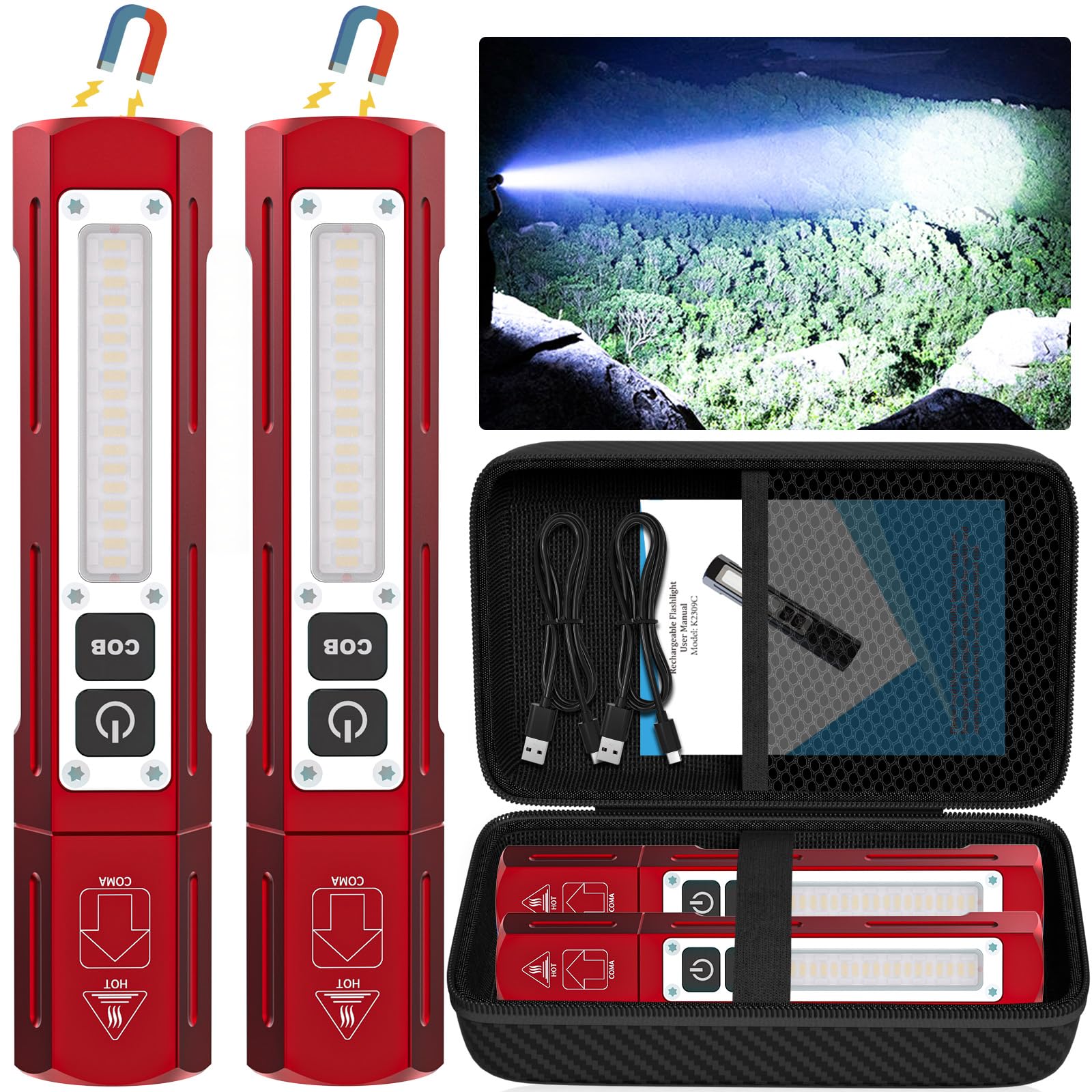 Rechargeable Flashlights High Lumens - 20,000LM Super Bright Small Pocket Magnetic Flashlight, 8 Modes LED Tactical Flash Light, Dual Button Powerful Flashlight for Camping (2, Red)
