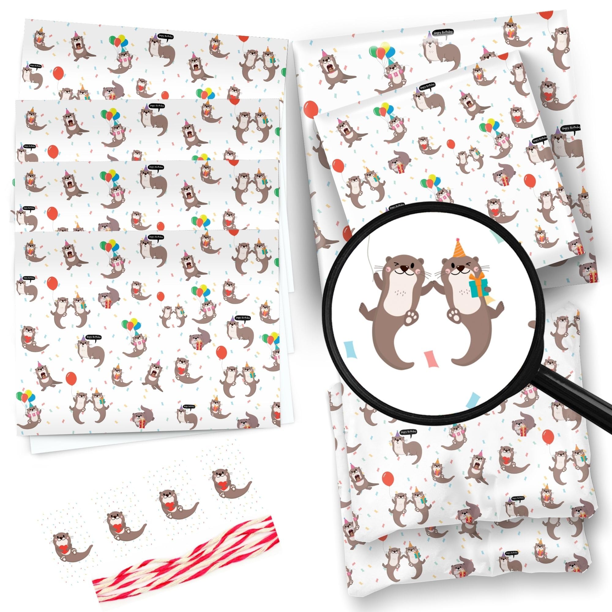 LimaLima 4 x Wrapping Paper Sheets With Tags & String. Cute Otter Love Design In Blue & Red Perfect For Valentine Birthday & Anniversary Suitable For