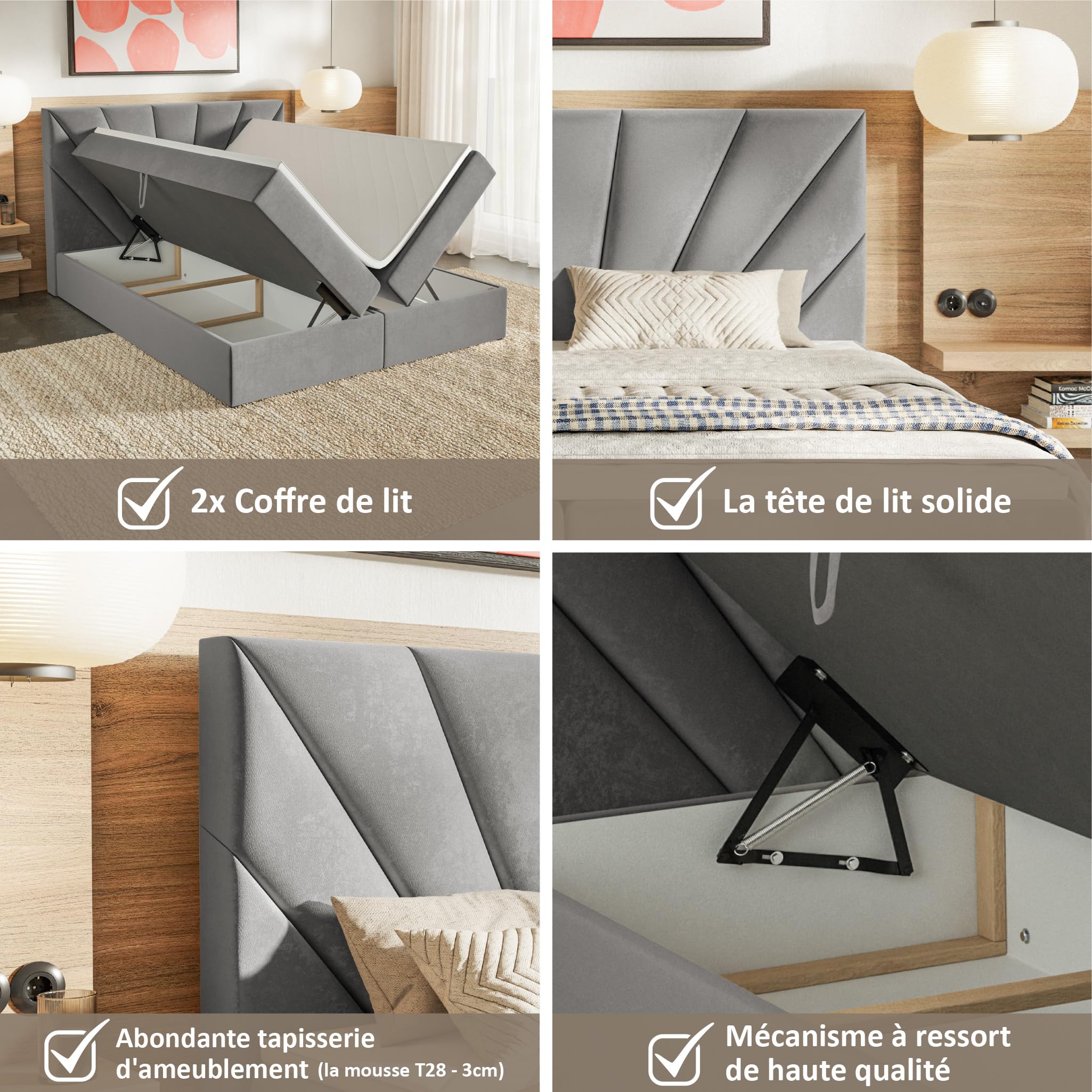 MOTIVENA Aspen Lit Boxspring 120x200 Complet avec Matelas (Ressorts Bonnell H4) et Surmatelas (Mémoire de Forme H2), avec Rangement, Bouclé, avec Tête de Lit Coffre 120x200 Blanc Lait