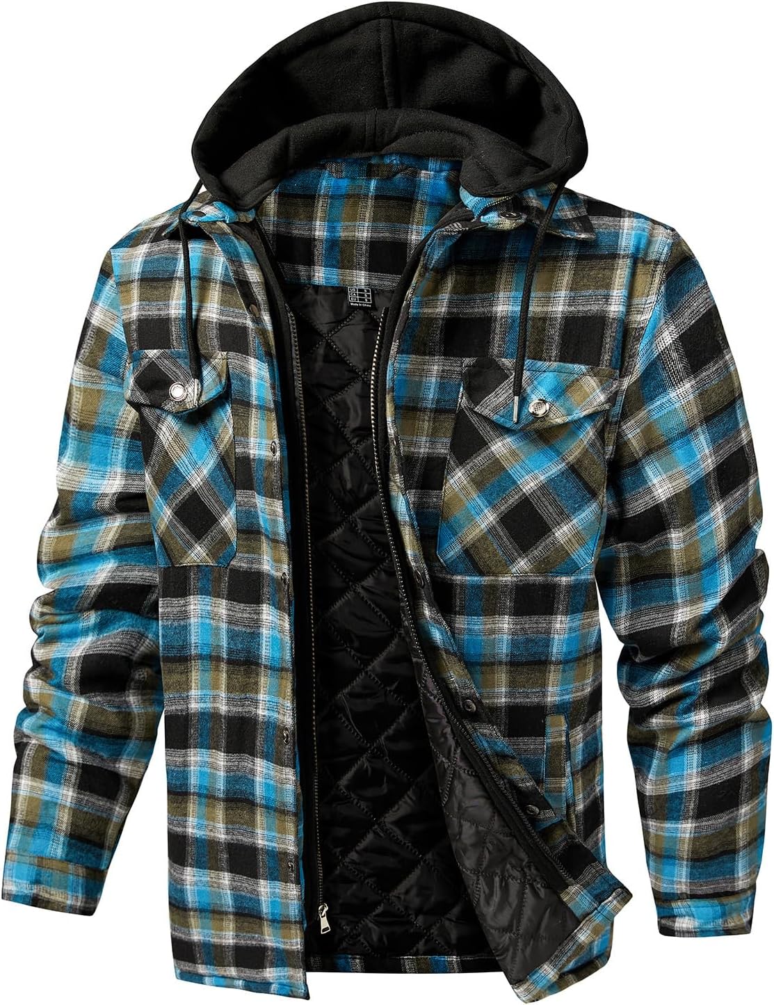 CHEXPEL Flannel Jackets for Men Long Sleeve Plaid Shirt Jacket Quilt Lined Hooded with Button Down Winter Coat