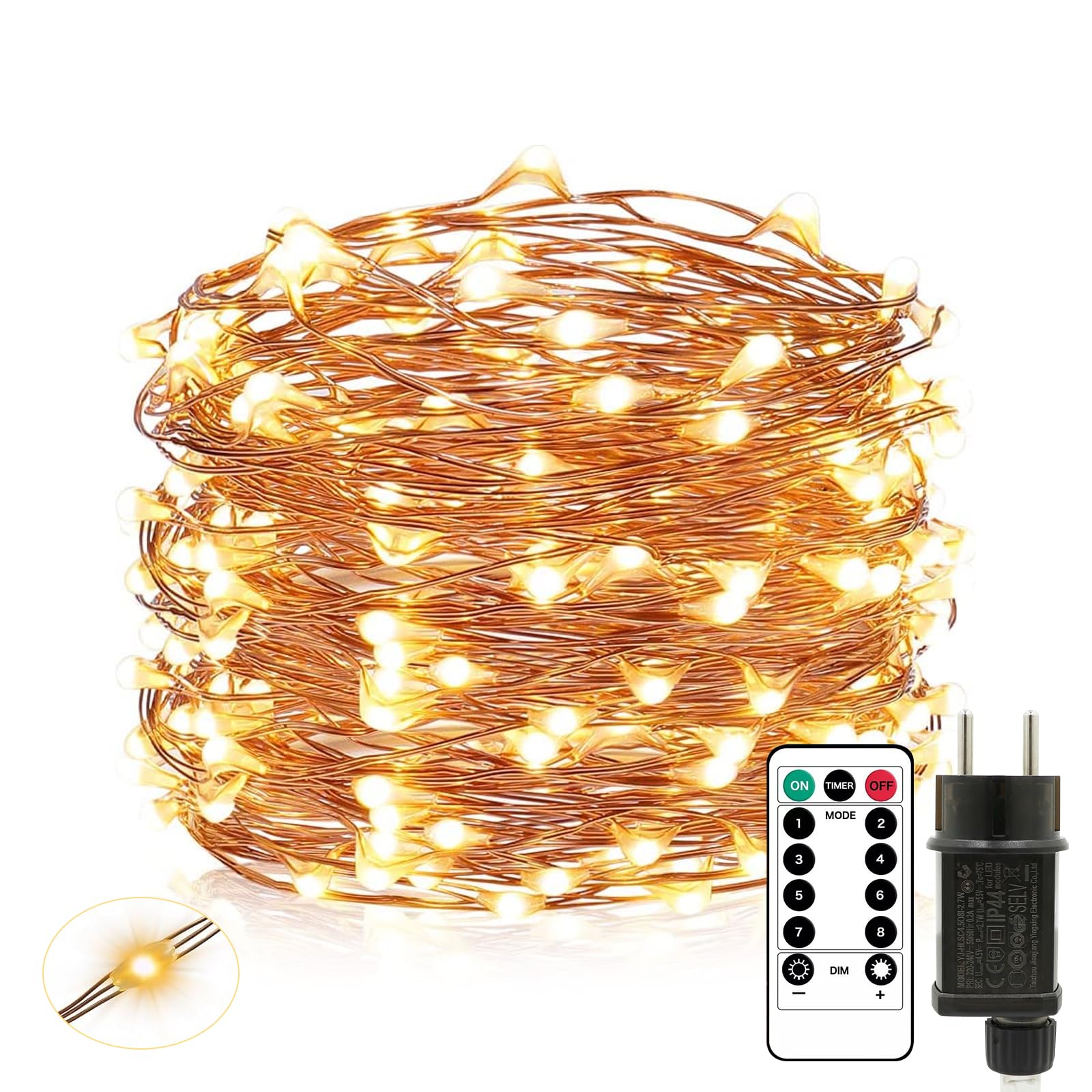 Liyade LED Lichterkette aus Kupferdraht, 20M 200LEDs Warmweiß Lichterkette mit Remote-Timer, Wasserdicht 8 Modi & 4 Helligkeitsstufen, Innen Außen Deko für Weihnachten Garten Party Hochzeit
