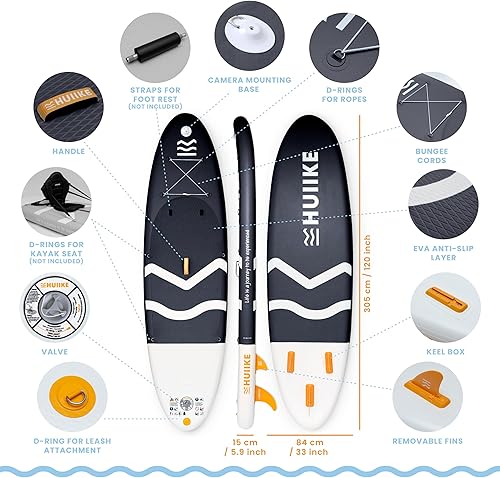Miniatura 113 de HUIIKE Tabla de remo inflable para adultos con accesorios incluidos, remo, aletas, bomba. Tabla de remo de pie, gran estabilidad y resistencia. 10