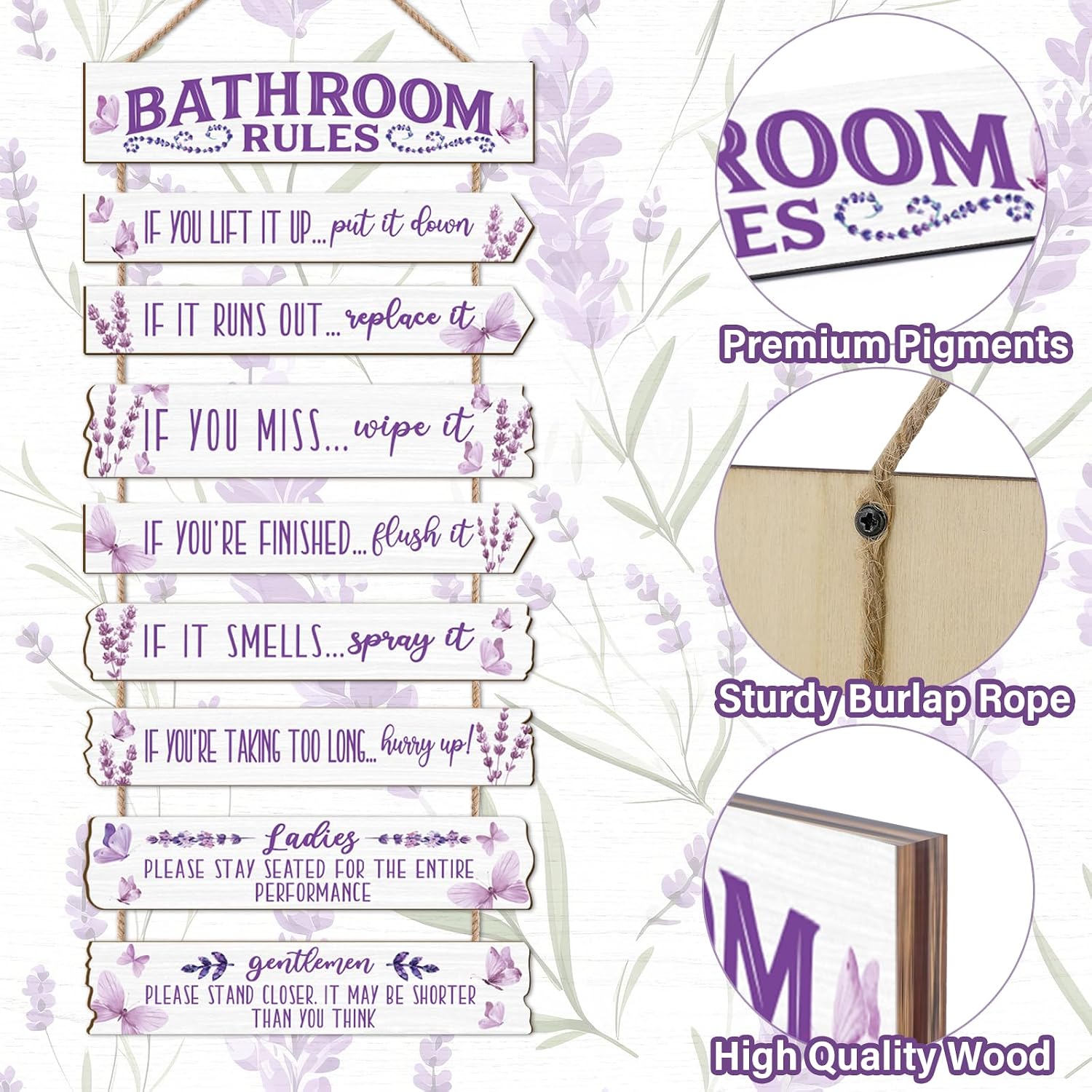 Bathroom Wall Decor Funny Bathroom Signs Bathroom Rules Pictures Wall Art Decor Rustic Farmhouse Toilet Decor Wooden Sign (Lavender) image 3