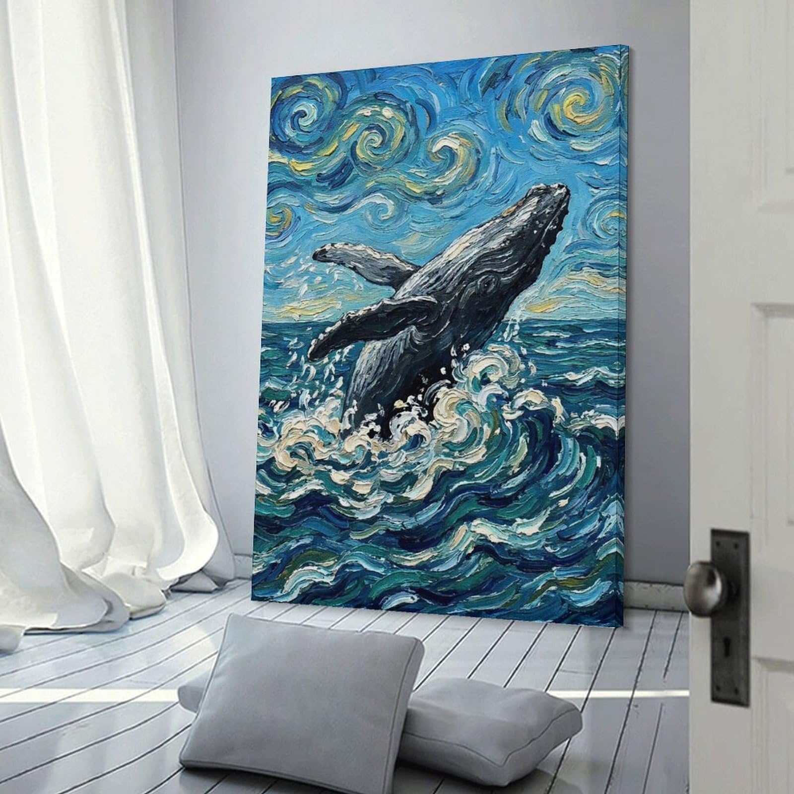 Junmoney Whale Breaching in Van Gogh Canvas Wall Decor, 12x18inch(30x45cm), for Bedroom, Guest Room Or Reading Nook, Canvas Wall Decor for Personal Spaces