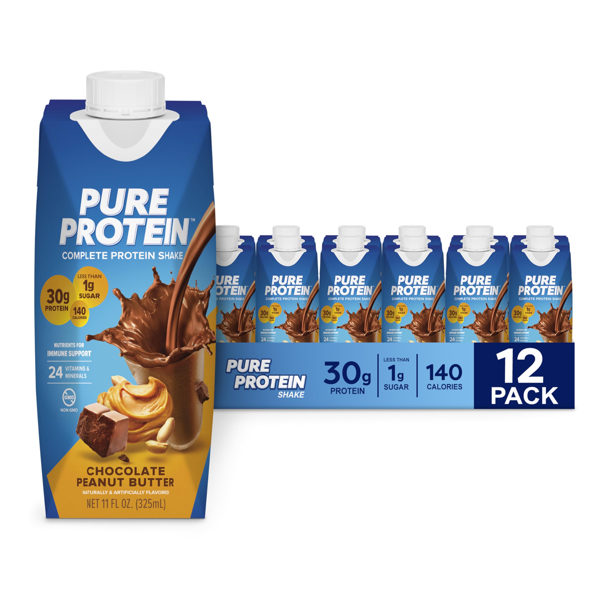 Mantequilla de maní con chocolate y proteína pura, lista para beber y apta para dietas cetogénicas. Contiene vitaminas A, C, D y E, además de zinc para fortalecer el sistema inmunitario. 11 oz, 12 unidades (el empaque puede variar).