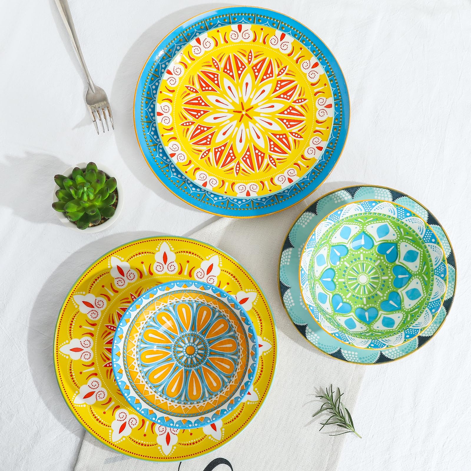Set di stoviglie con piatti e ciotole, 12 pezzi, in ceramica, set di piatti da cucina moderno, set di stoviglie decorative colorate, ideale per l'inaugurazione della casa, lavabile in microonde,